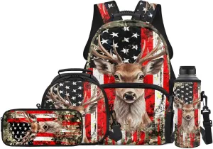 Deer Backpack for Girls Boys Bookbag with Lunch Box, American Flag Hunting Camo Children School Bag with Lunch Bag Pencil Case Water Bottle Holder Set 4 in 1 School Supplies