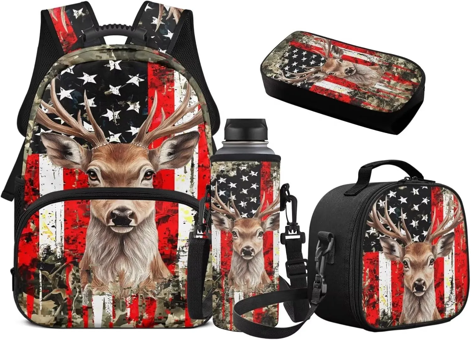 Deer Backpack for Girls Boys Bookbag with Lunch Box, American Flag Hunting Camo Children School Bag with Lunch Bag Pencil Case Water Bottle Holder Set 4 in 1 School Supplies