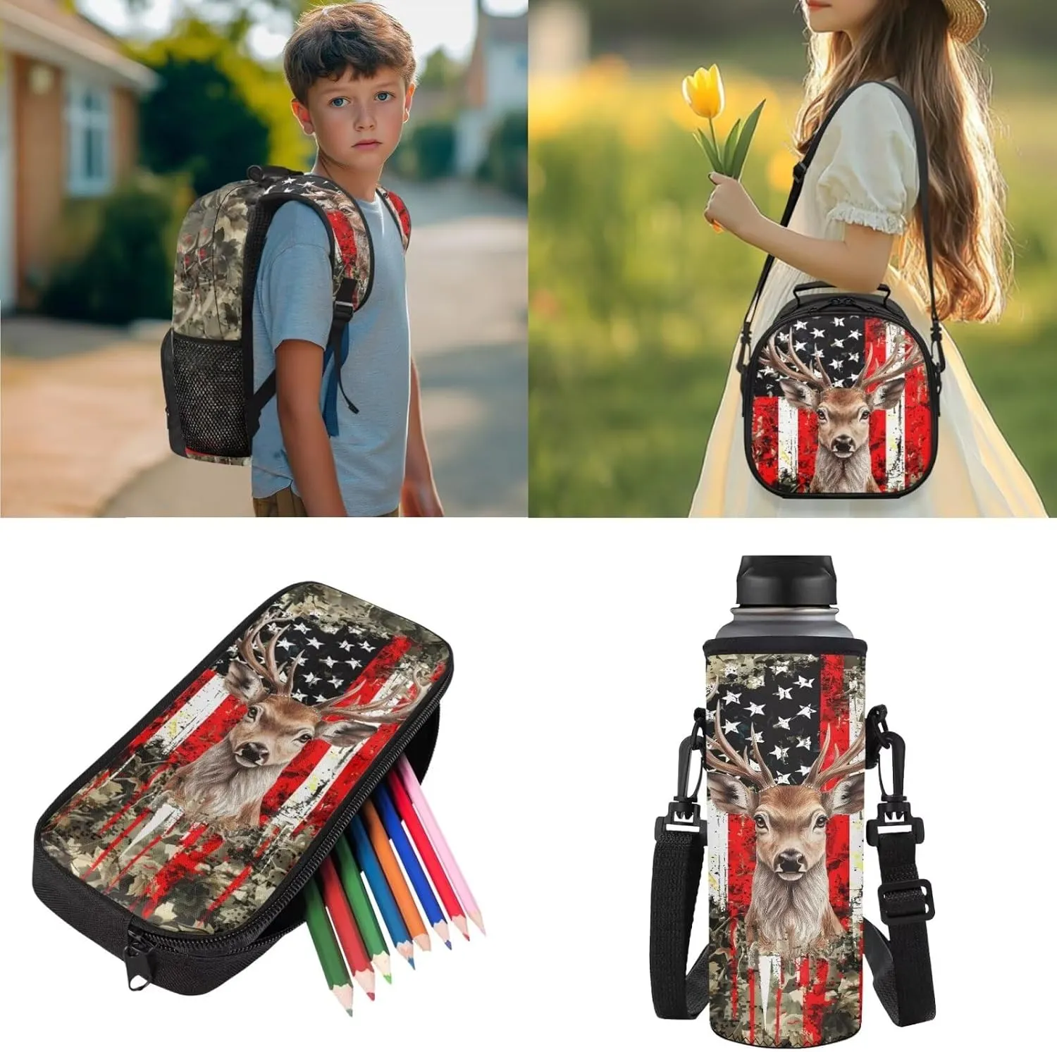 Deer Backpack for Girls Boys Bookbag with Lunch Box, American Flag Hunting Camo Children School Bag with Lunch Bag Pencil Case Water Bottle Holder Set 4 in 1 School Supplies