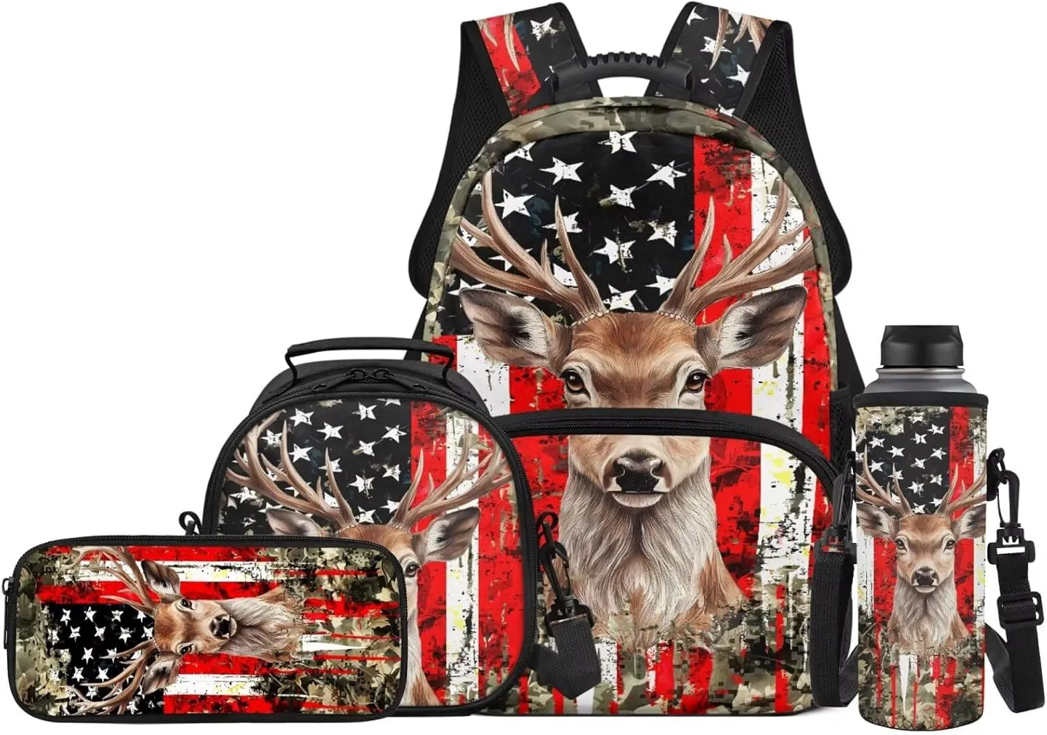 Deer Backpack for Girls Boys Bookbag with Lunch Box, American Flag Hunting Camo Children School Bag with Lunch Bag Pencil Case Water Bottle Holder Set 4 in 1 School Supplies
