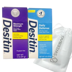 Desiti n Maximum Strength Zinc Oxide Diaper Rash Paste and Desit in Daily Defense Cream - Hypoallergenic - dyes and fragrance free - 2 oz each - plus Sweebag bag Strong and Waterproof
