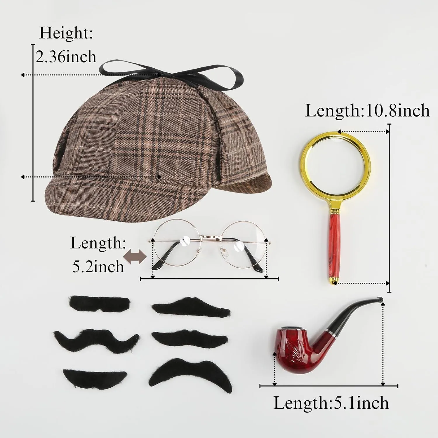 Detective Costume Kids Sherlock Holmes Costume 6 Piece Set with Hat and Mustache Disguise Halloween Cosplay(3-12Y)