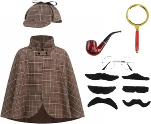 Detective Costume Kids Sherlock Holmes Costume 6 Piece Set with Hat and Mustache Disguise Halloween Cosplay(3-12Y)