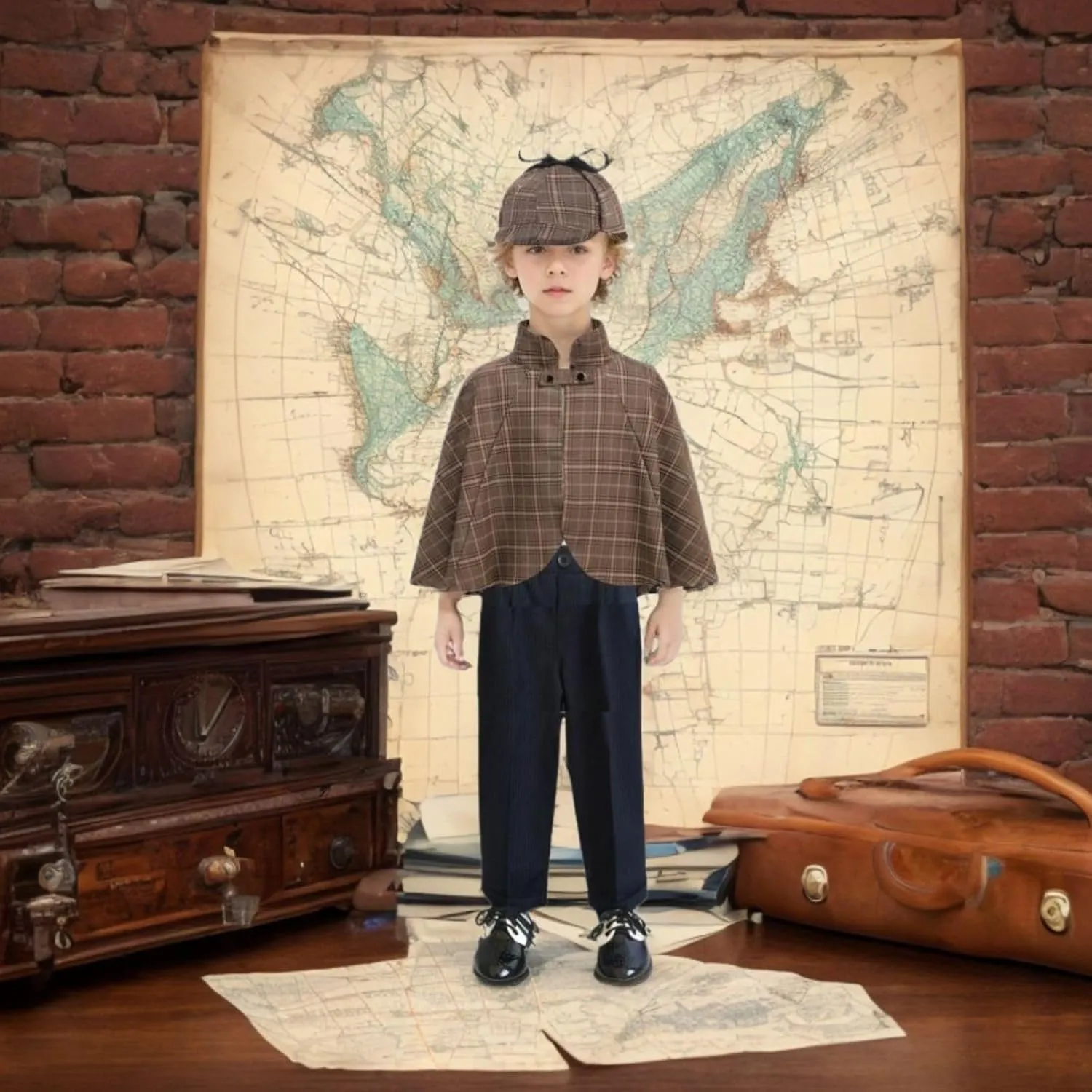 Detective Costume Kids Sherlock Holmes Costume 6 Piece Set with Hat and Mustache Disguise Halloween Cosplay(3-12Y)