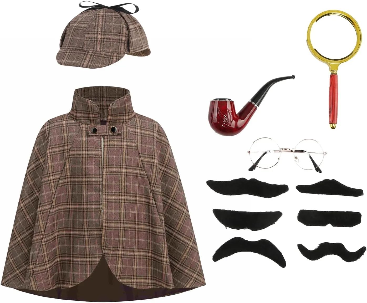 Detective Costume Kids Sherlock Holmes Costume 6 Piece Set with Hat and Mustache Disguise Halloween Cosplay(3-12Y)