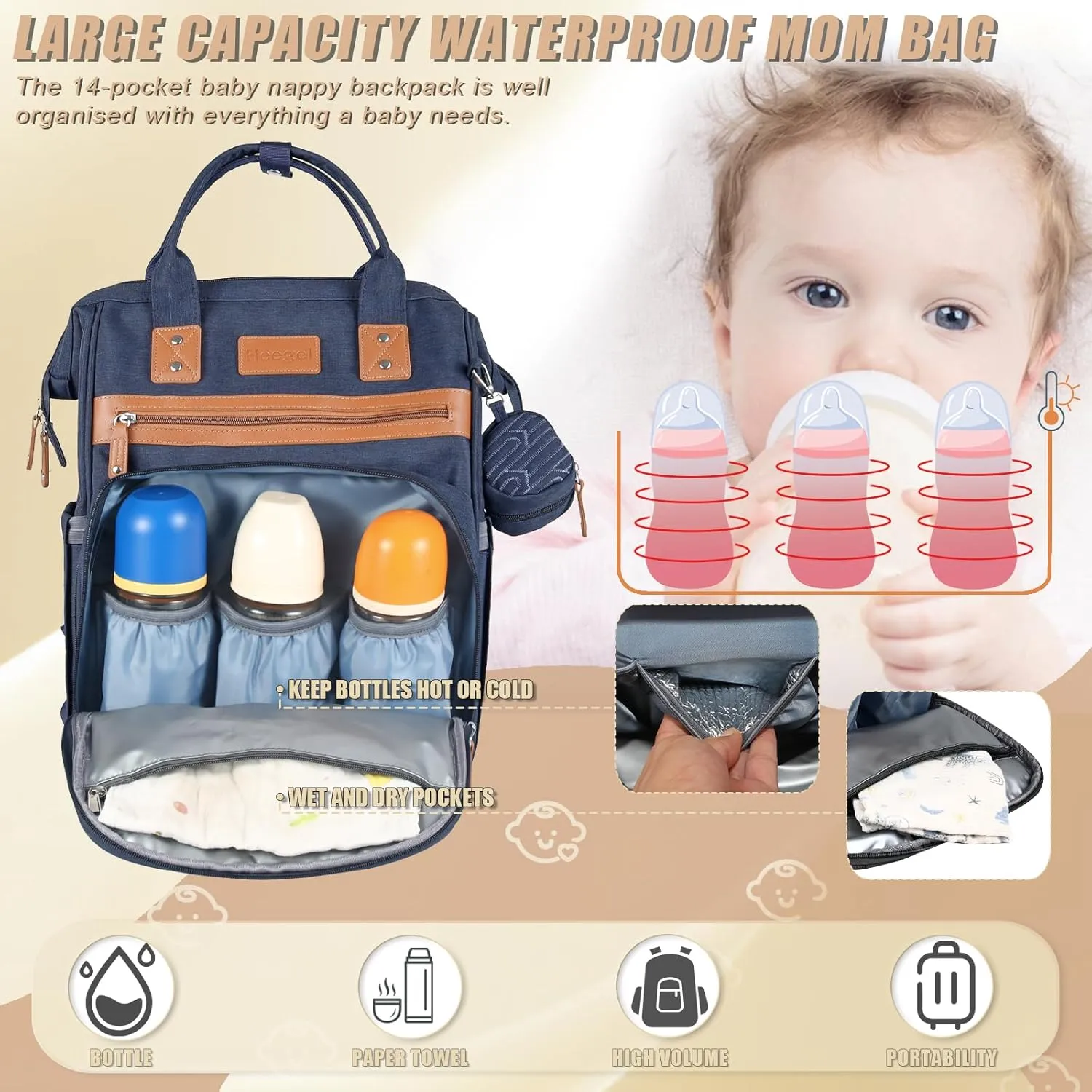 Diaper Backpack with Changing Pad, Baby Diaper Bag for Mom & Dad with Multipurpose Pockets, Large Stylish Baby Bag for Boy & Girl Toddler (Navy Blue)