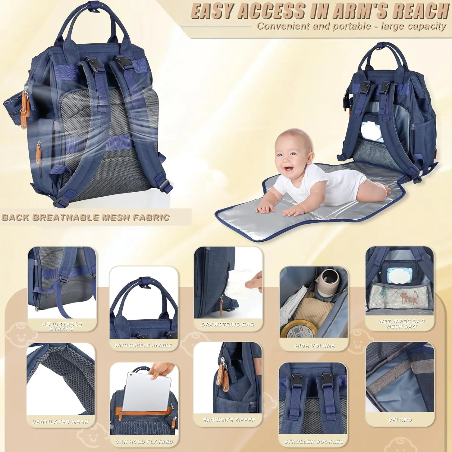 Diaper Backpack with Changing Pad, Baby Diaper Bag for Mom & Dad with Multipurpose Pockets, Large Stylish Baby Bag for Boy & Girl Toddler (Navy Blue)