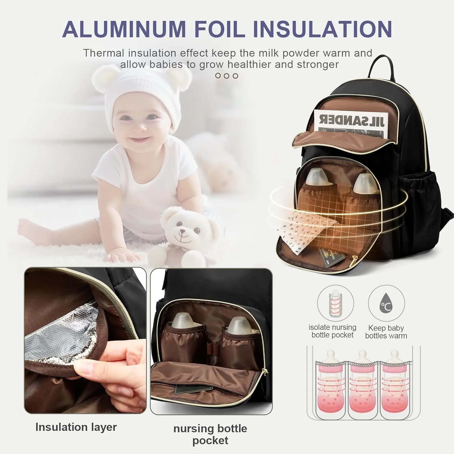 Diaper Bag Backpack, Baby Bags for Boys Girls, Large Waterproof Diaper Backpack, Multi Function Diaper Bags, Baby Registry Search, Shower Gifts Newborn Essentials for Mom, Black