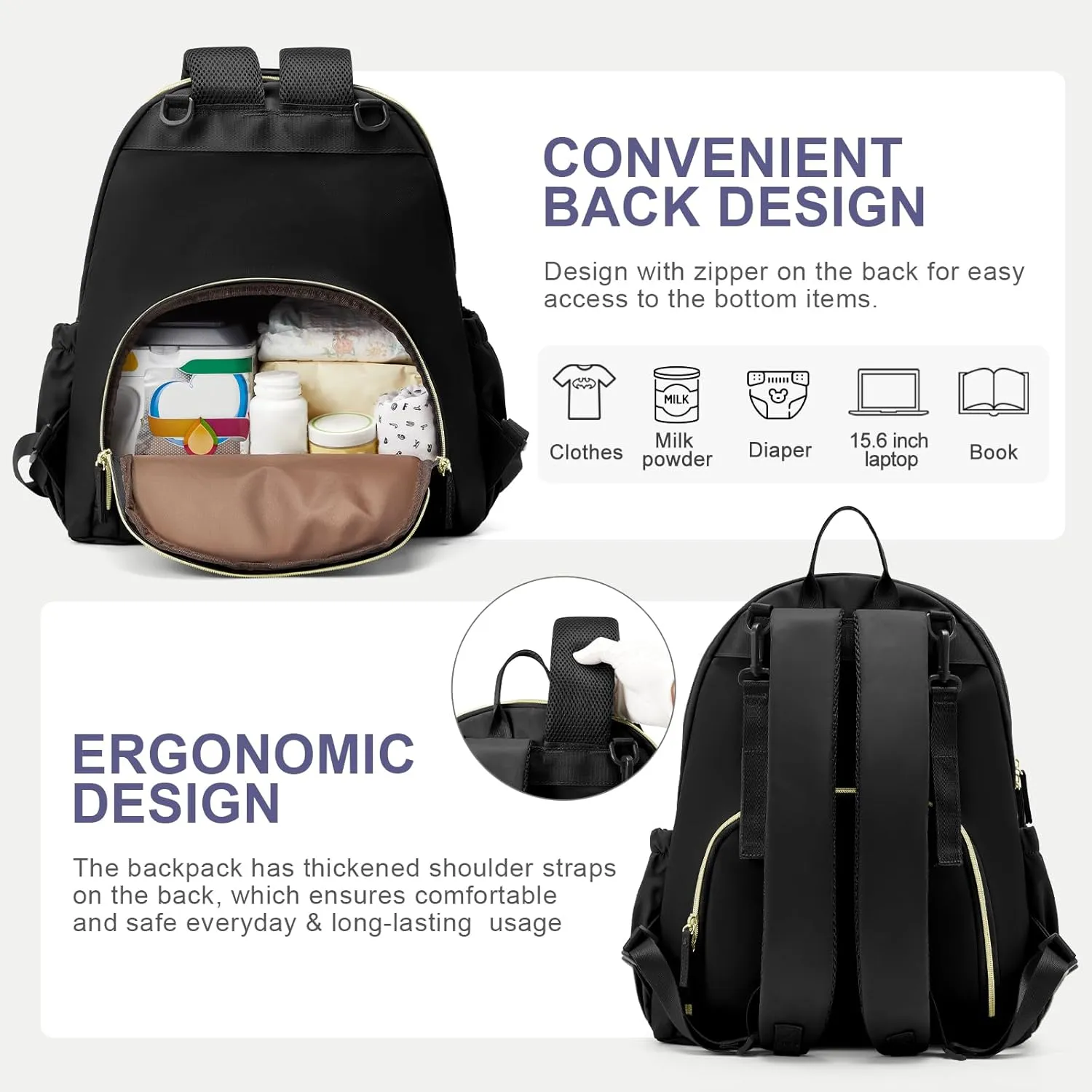 Diaper Bag Backpack, Baby Bags for Boys Girls, Large Waterproof Diaper Backpack, Multi Function Diaper Bags, Baby Registry Search, Shower Gifts Newborn Essentials for Mom, Black
