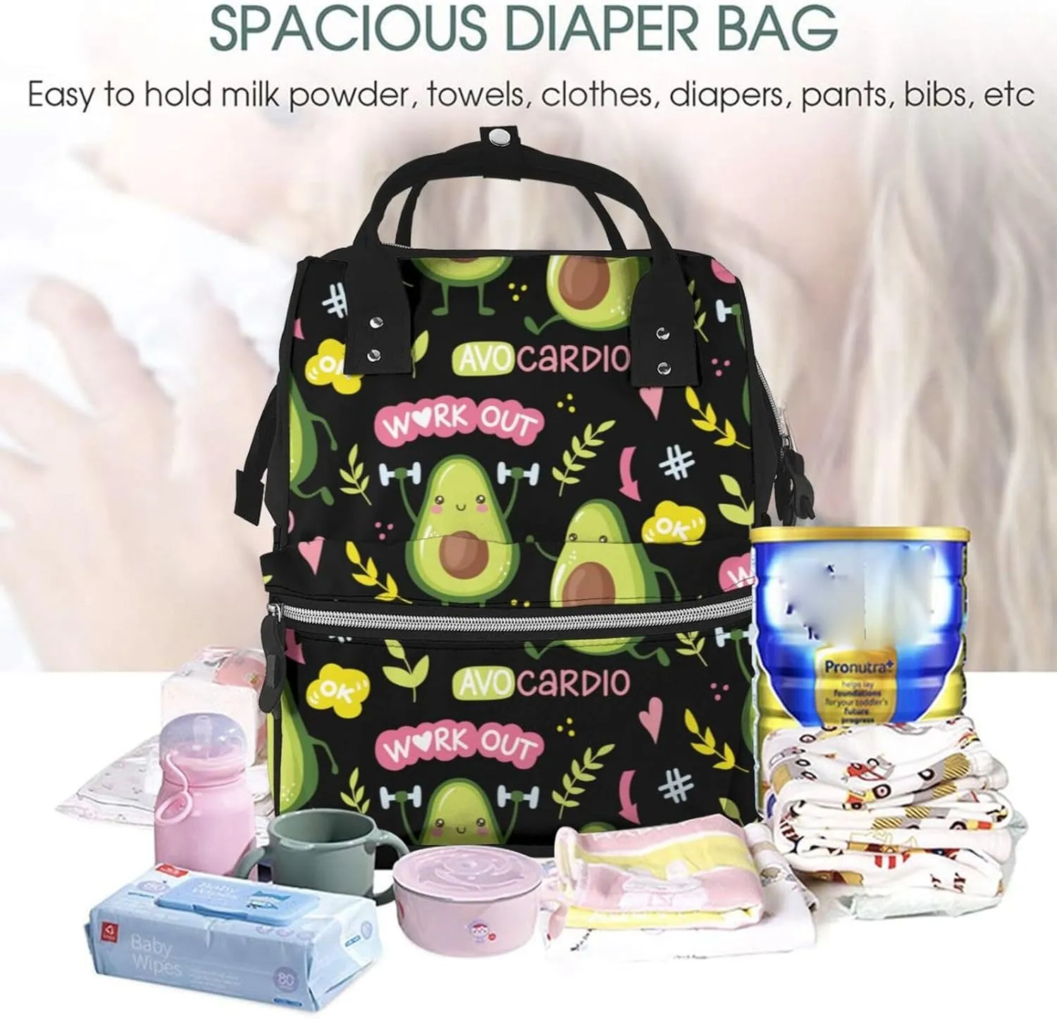 Diaper Bag Backpack For Women, Avocado Work Out Waterproof Multifunction Travel Pack Maternity Baby Changing Bags, Nappy Baby Bags With Multi-Function For Baby