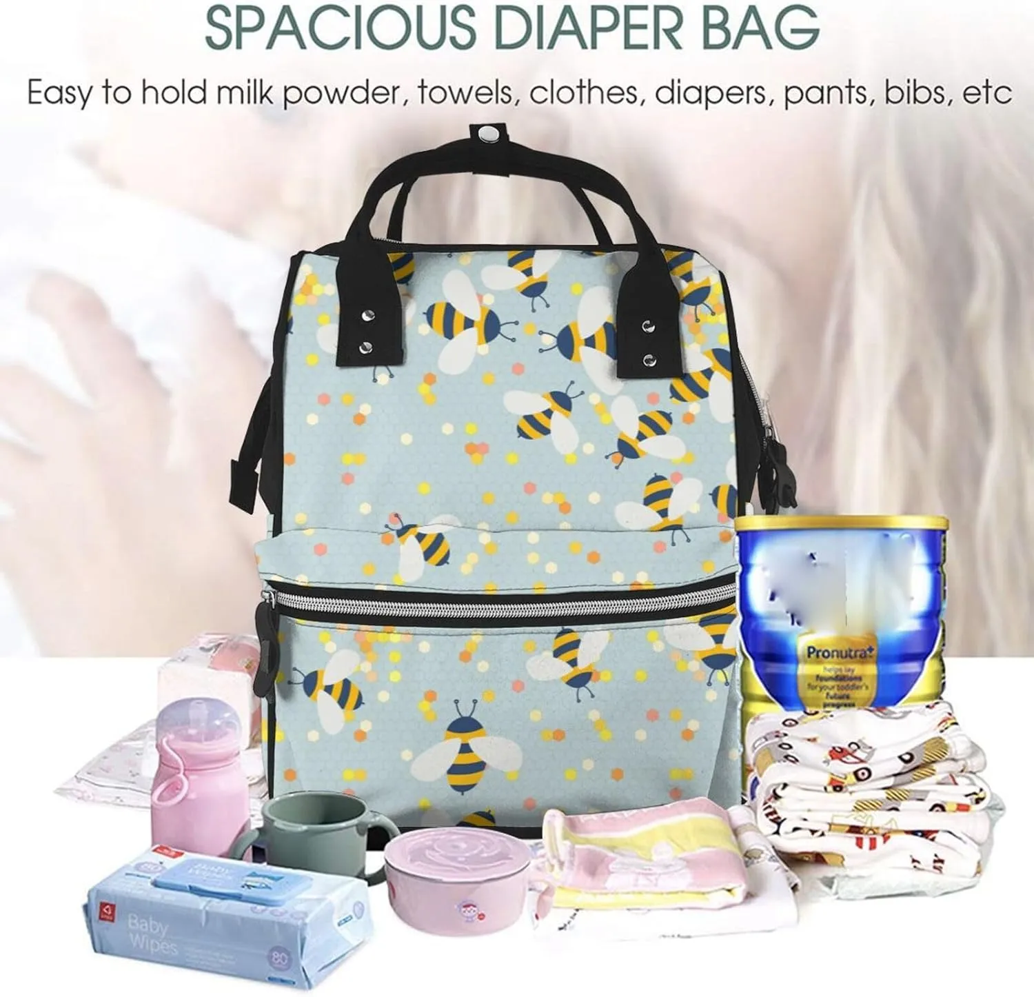 Diaper Bag Backpack For Women, Bees Waterproof Multifunction Travel Pack Maternity Baby Changing Bags, Nappy Baby Bags With Multi-Function For Baby
