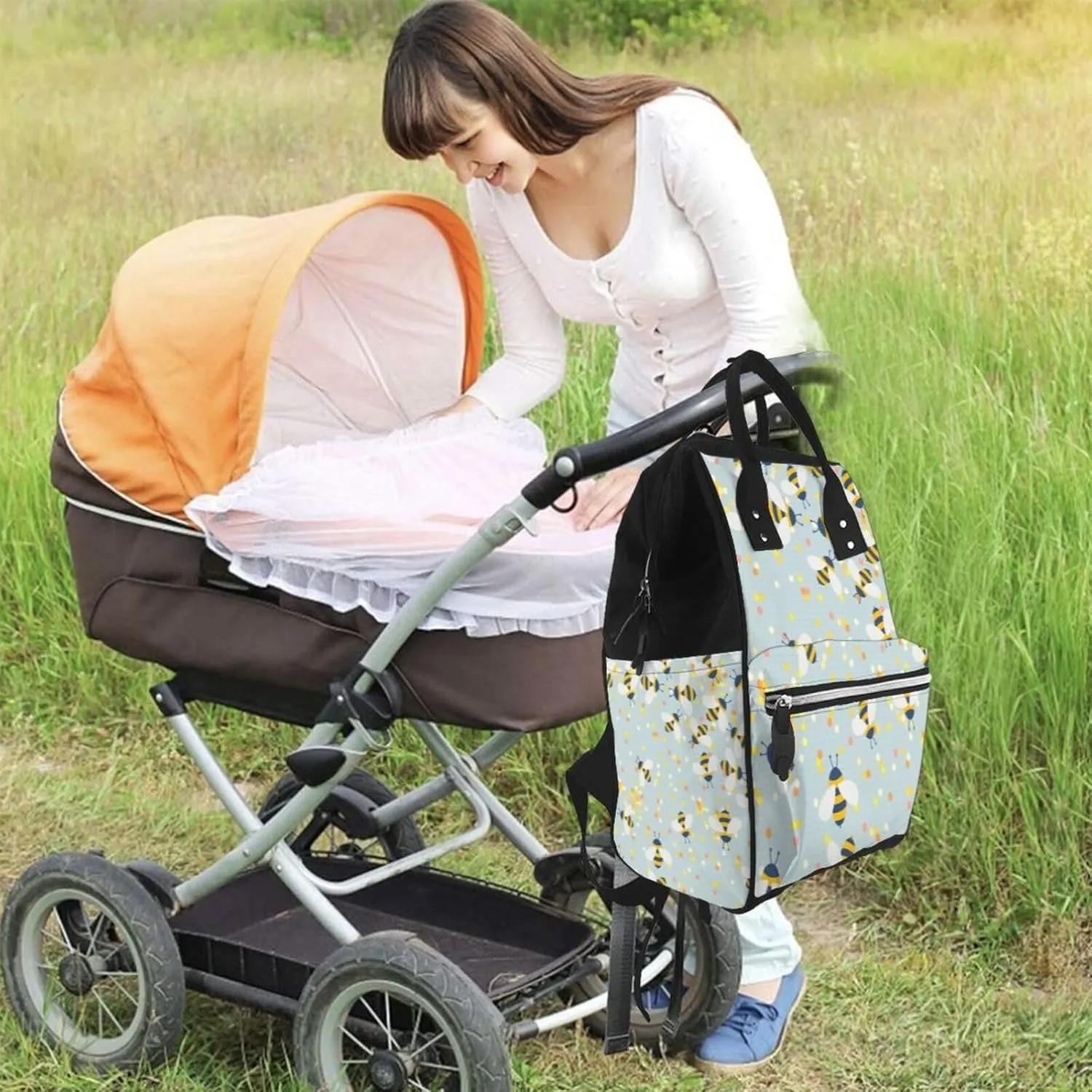 Diaper Bag Backpack For Women, Bees Waterproof Multifunction Travel Pack Maternity Baby Changing Bags, Nappy Baby Bags With Multi-Function For Baby