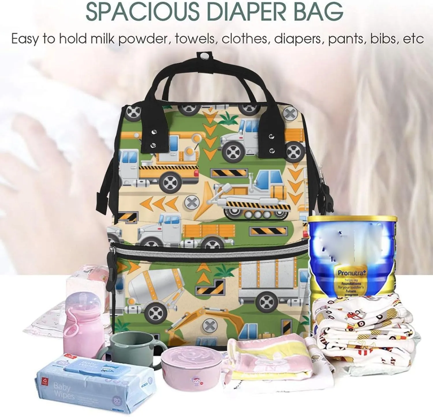 Diaper Bag Backpack For Women, Construction Machinery1 Waterproof Multifunction Travel Pack Maternity Baby Changing Bags, Nappy Baby Bags With Multi-Function For Baby