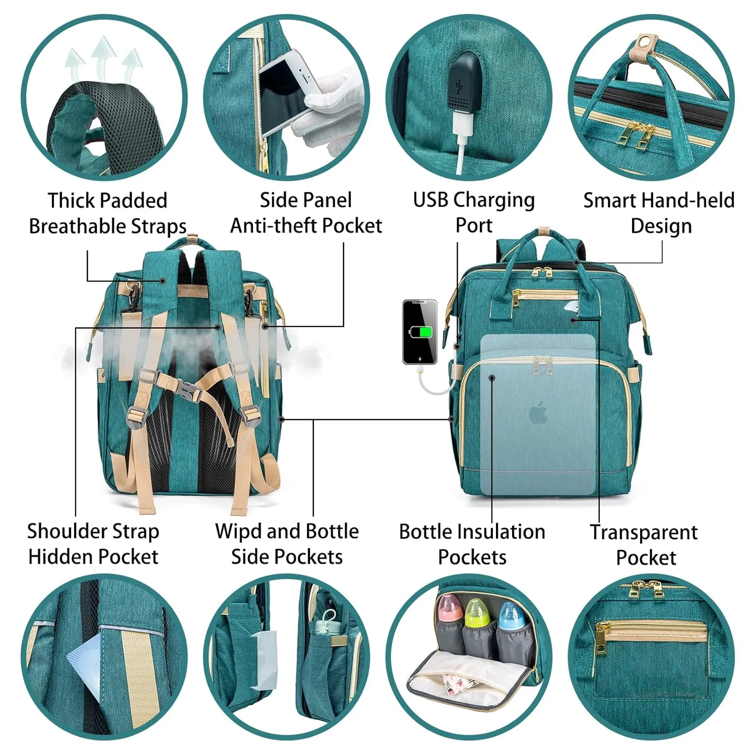 Diaper Bag Backpack, Large Baby Diaper Bags for Boys Girls, Baby Bag with USB Charging Port, Multifunction Waterproof Travel Back Pack for Moms Dads, Green