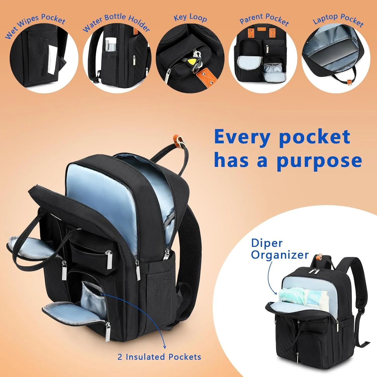 Diaper Bag Backpack, Large Capacity Baby Diaper Backpack with Tons of Pockets, Built-in Stroller Straps, Multi function Waterproof Diaper Bag (Black)
