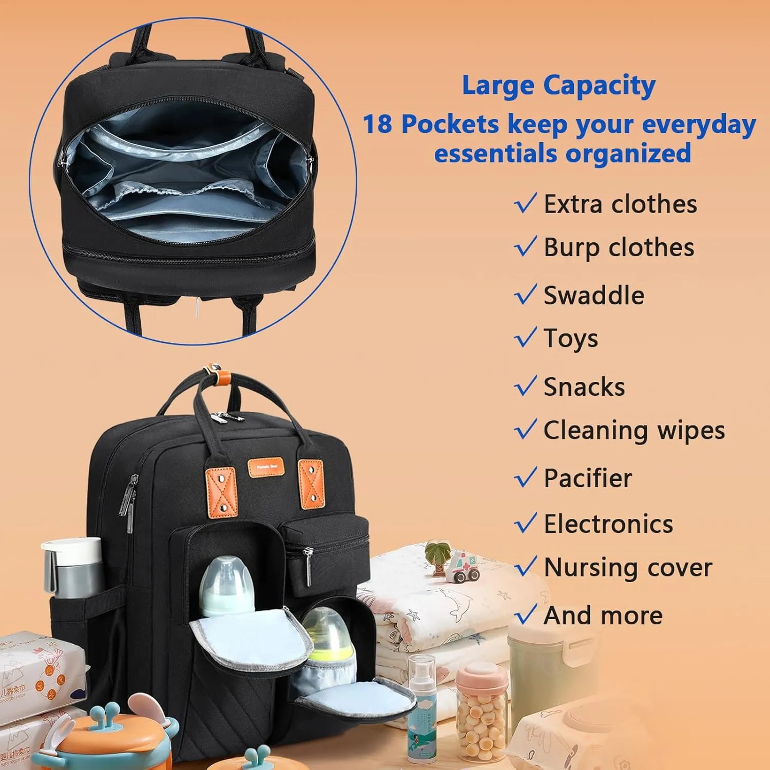 Diaper Bag Backpack, Large Capacity Baby Diaper Backpack with Tons of Pockets, Built-in Stroller Straps, Multi function Waterproof Diaper Bag (Black)