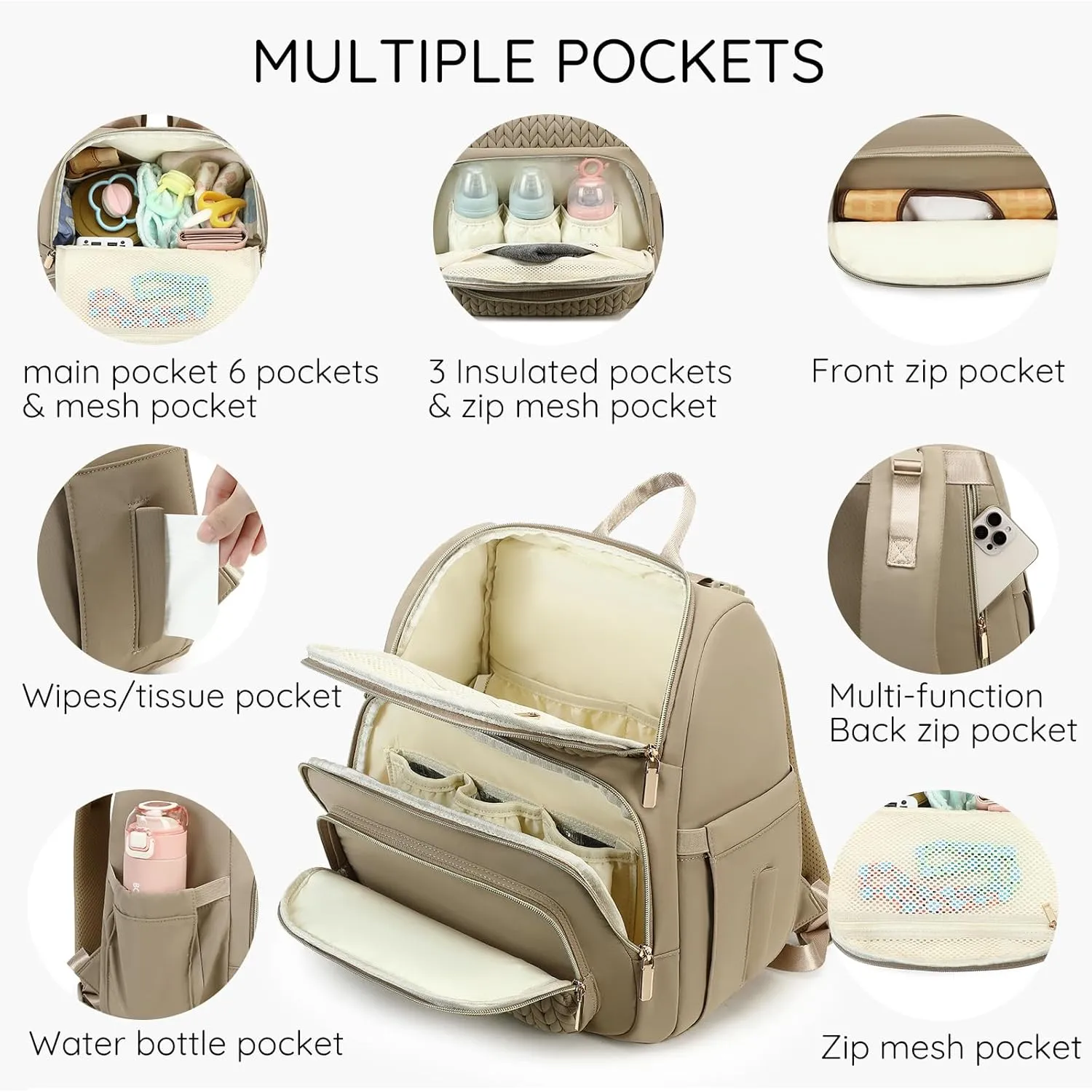 Diaper Bag Backpack - Lightweight & Stylish, Boys, Girls & Baby Travel Essentials Tote with Changing Pad, Insulated Pocket, Stroller Strap - Baby Backpack for Mom, Maternity (Brown Taupe)