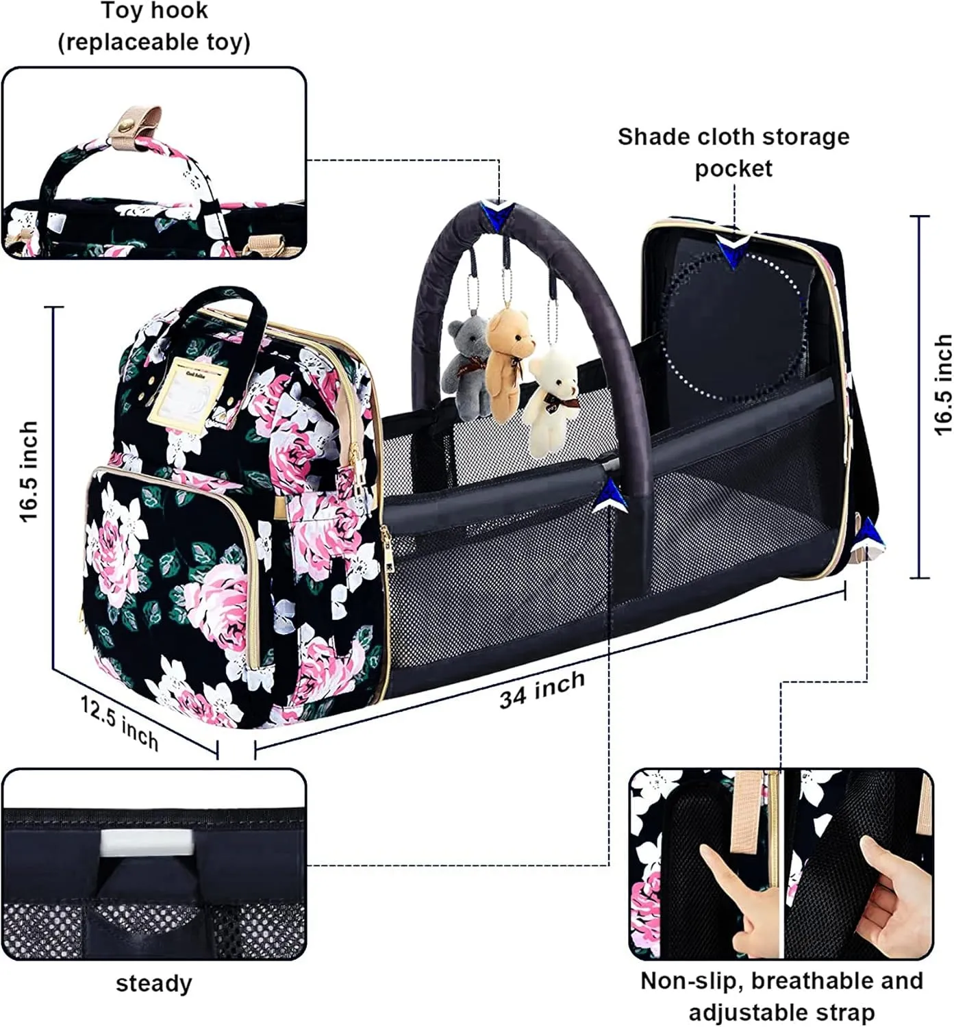 Diaper Bag Backpack Waterproof Baby Bag Large Capacity Multifunction Nappy Bags Floral Insulated Durable Travel Maternity Back Pack with Changing Station for Baby （Black）