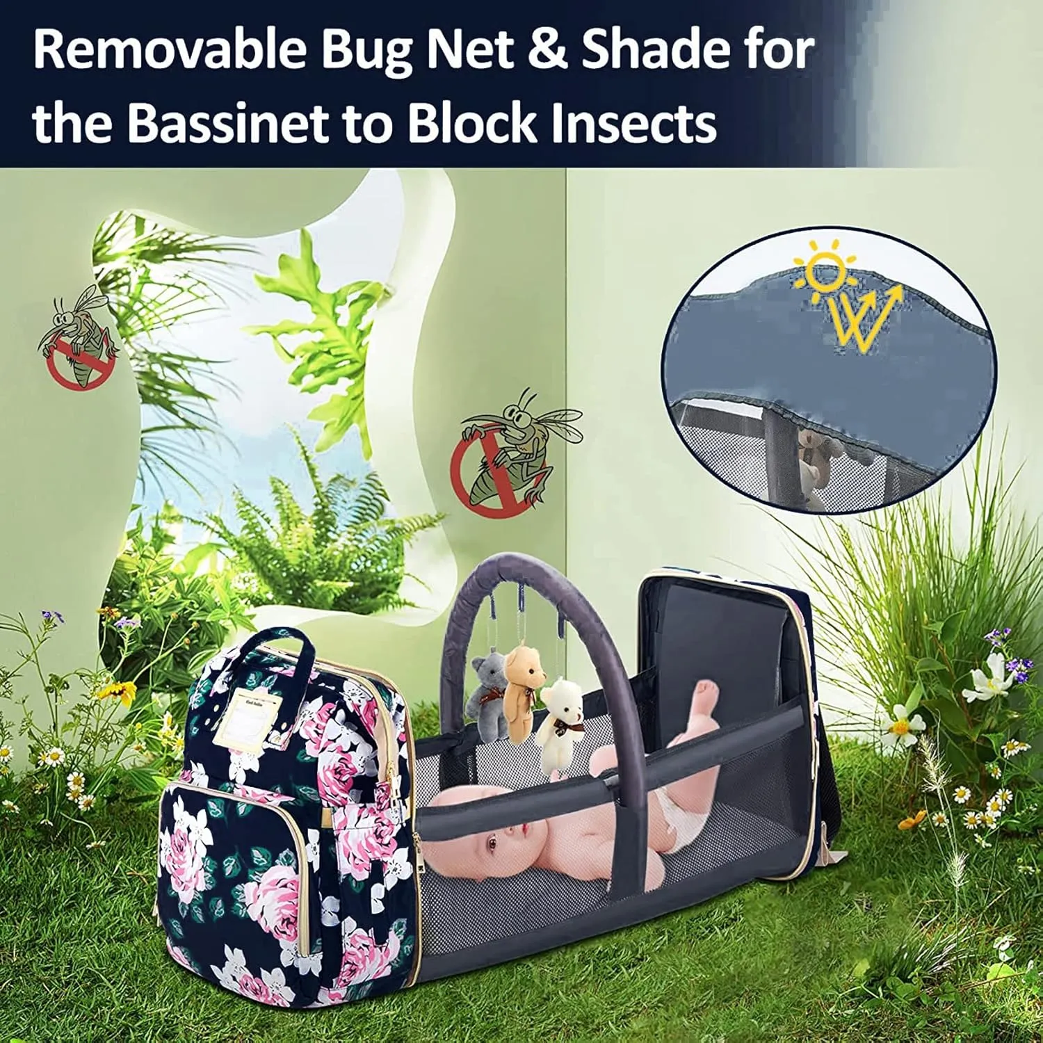 Diaper Bag Backpack Waterproof Baby Bag Large Capacity Multifunction Nappy Bags Floral Insulated Durable Travel Maternity Back Pack with Changing Station for Baby （Black）