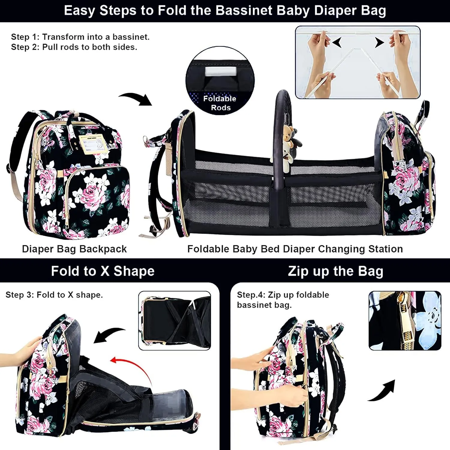 Diaper Bag Backpack Waterproof Baby Bag Large Capacity Multifunction Nappy Bags Floral Insulated Durable Travel Maternity Back Pack with Changing Station for Baby （Black）