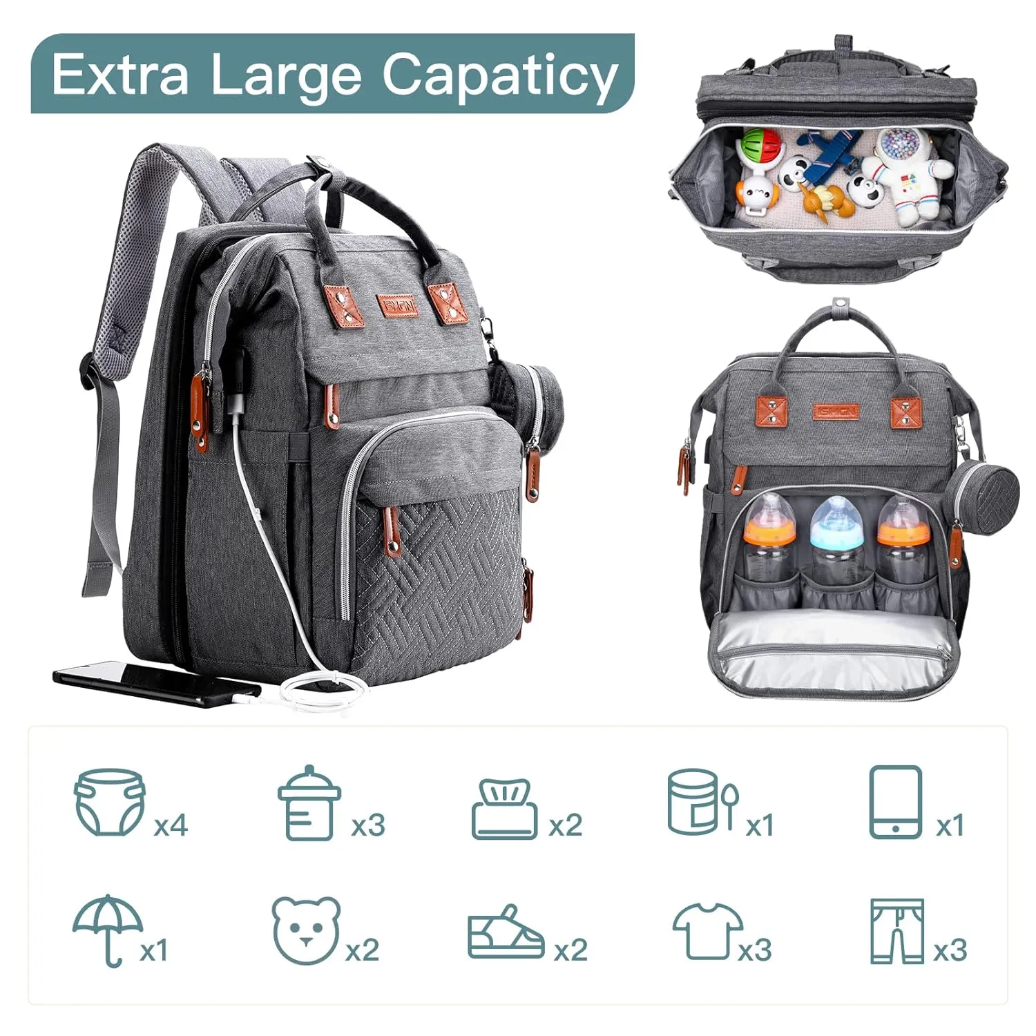 Diaper Bag Backpack with Changing Station, Extra Large Diaper Bag, Multifunctional Diaper Bag, Baby Bag, Deep Gray