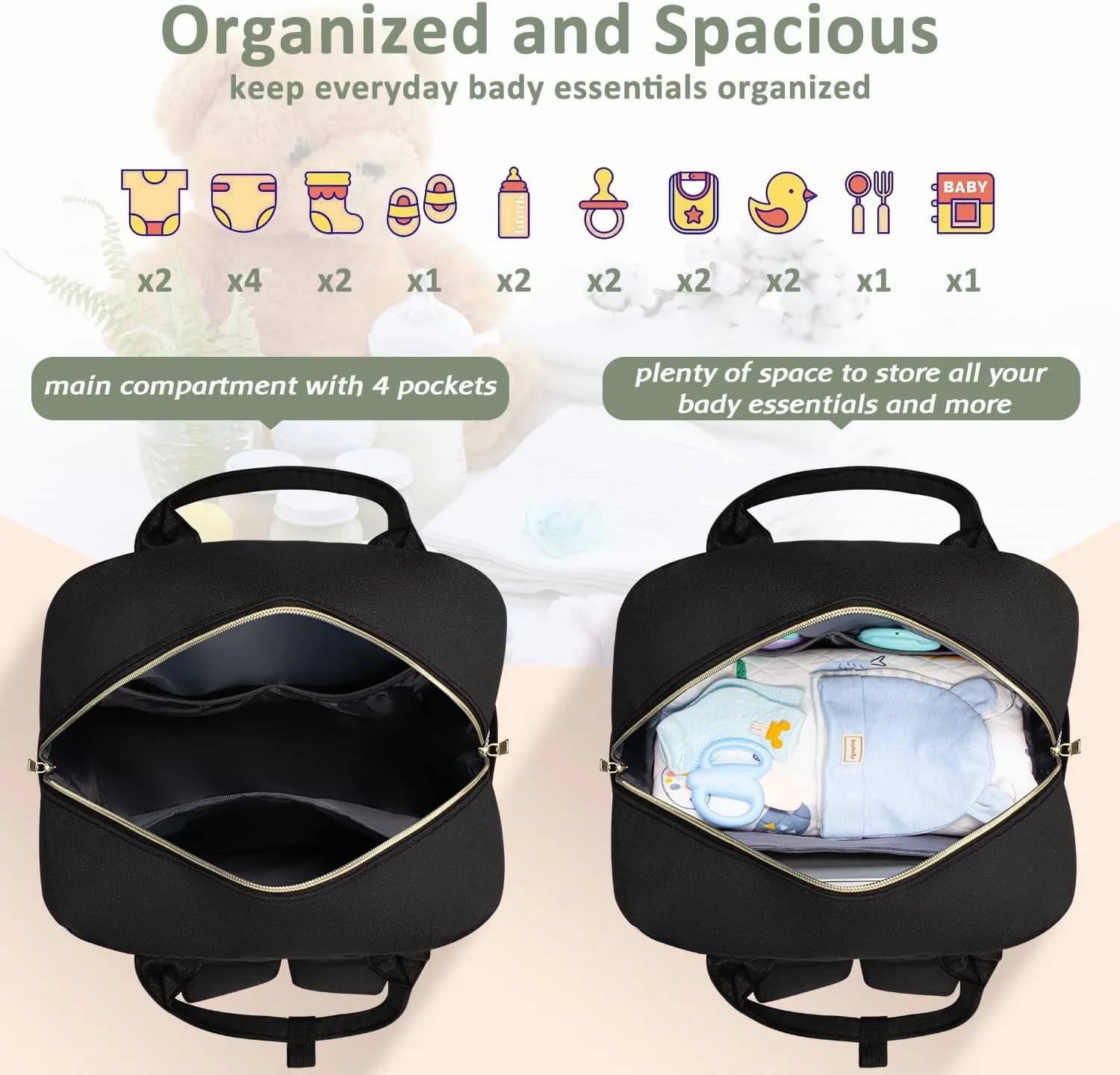 Diaper Bag Backpack,Baby Essentials Diapers Bag with Pacifier Case,Multipurpose Stylish Large Capacity Travel Backpack for Baby Girl/Boy(M-Black)