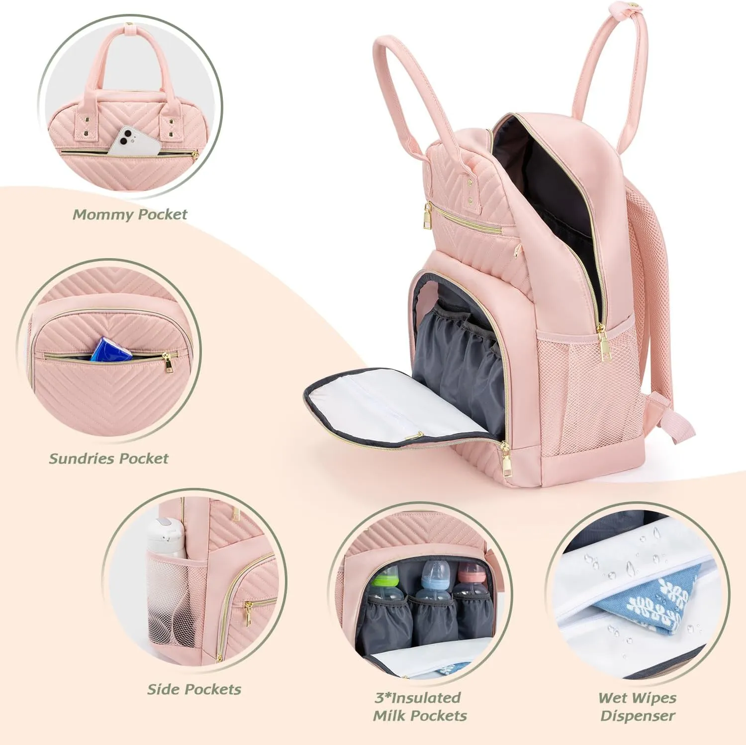 Diaper Bag Backpack,Baby Essentials Diapers Bag with Pacifier Case,Multipurpose Stylish Large Capacity Travel Backpack for Baby Girl/Boy(M-Pink)