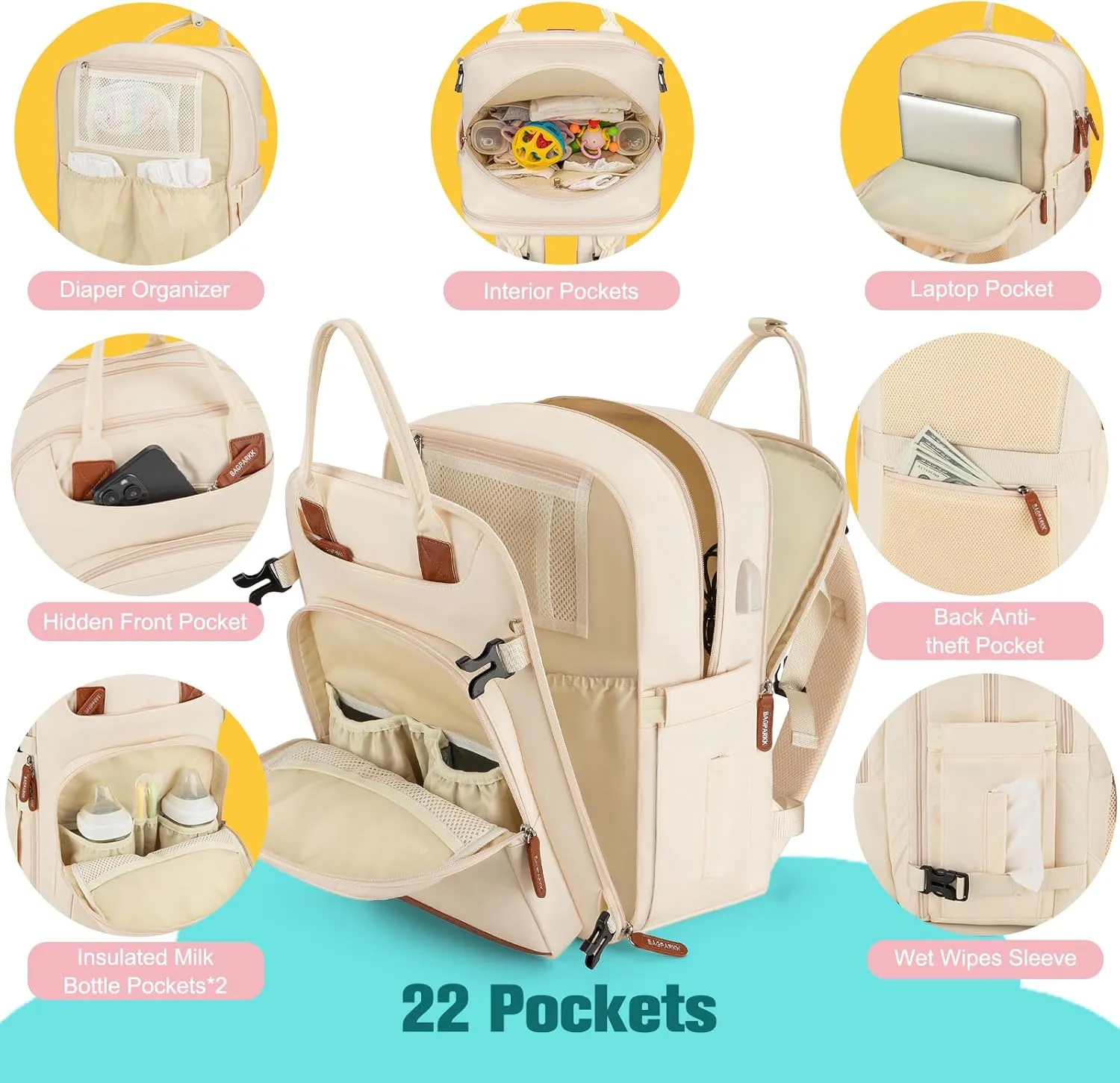 Diaper Bag Backpack,BAGPARKK Multi function Baby Bag with Portable Changing Pad, Pacifier Holder,Waterproof Diaper Bags with USB Charging Port,Anti-Theft Travel Backpack for Mom, Dad, Newborn (Beige)