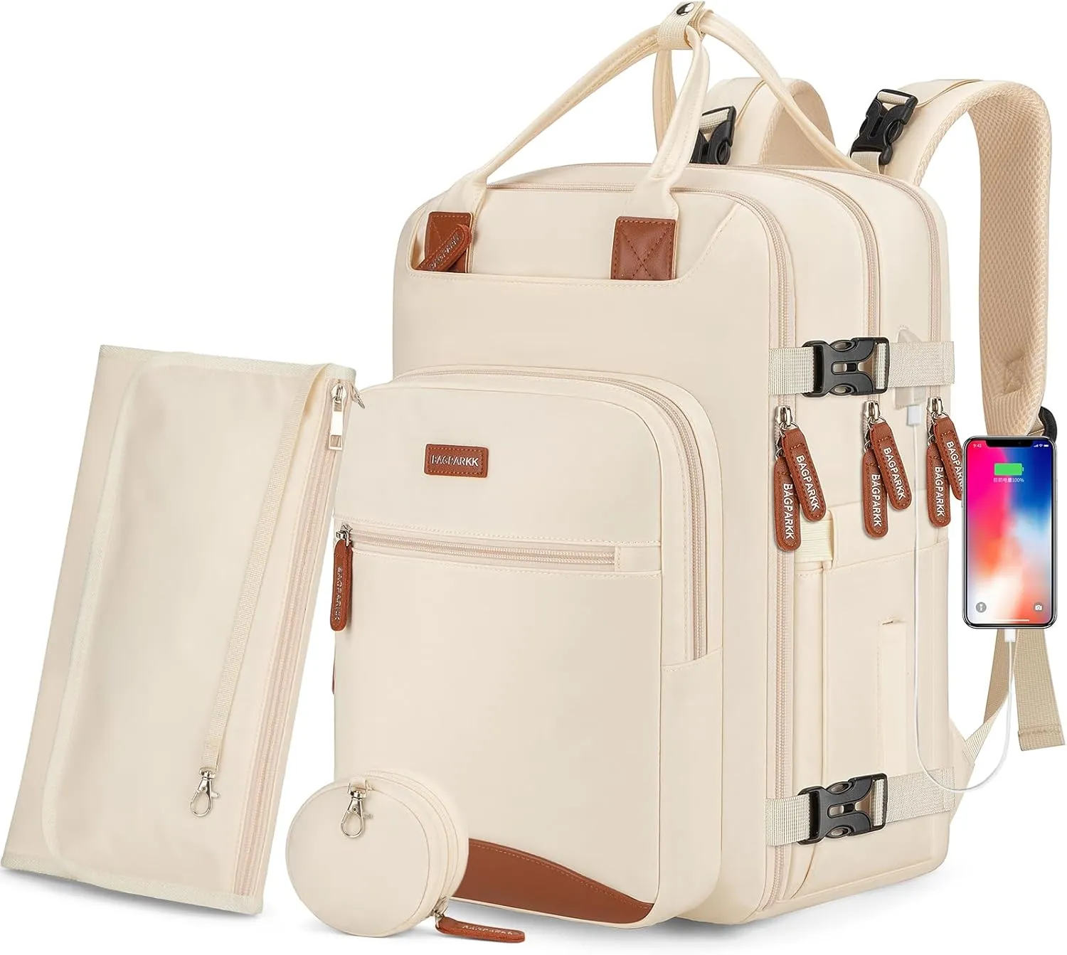 Diaper Bag Backpack,BAGPARKK Multi function Baby Bag with Portable Changing Pad, Pacifier Holder,Waterproof Diaper Bags with USB Charging Port,Anti-Theft Travel Backpack for Mom, Dad, Newborn (Beige)
