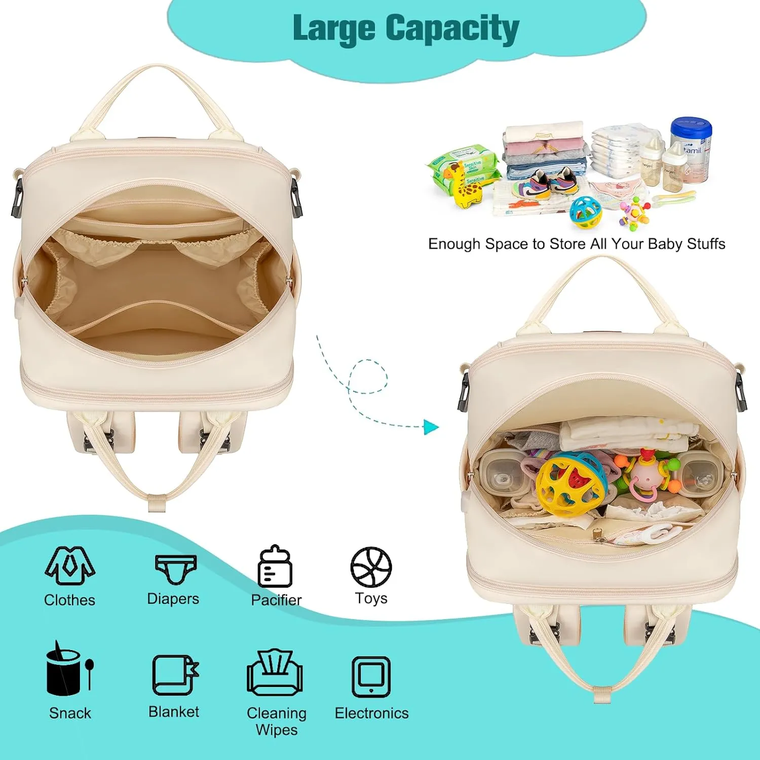 Diaper Bag Backpack,BAGPARKK Multi function Baby Bag with Portable Changing Pad, Pacifier Holder,Waterproof Diaper Bags with USB Charging Port,Anti-Theft Travel Backpack for Mom, Dad, Newborn (Beige)