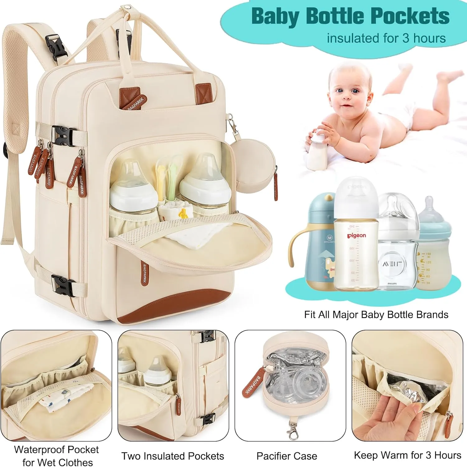 Diaper Bag Backpack,BAGPARKK Multi function Baby Bag with Portable Changing Pad, Pacifier Holder,Waterproof Diaper Bags with USB Charging Port,Anti-Theft Travel Backpack for Mom, Dad, Newborn (Beige)