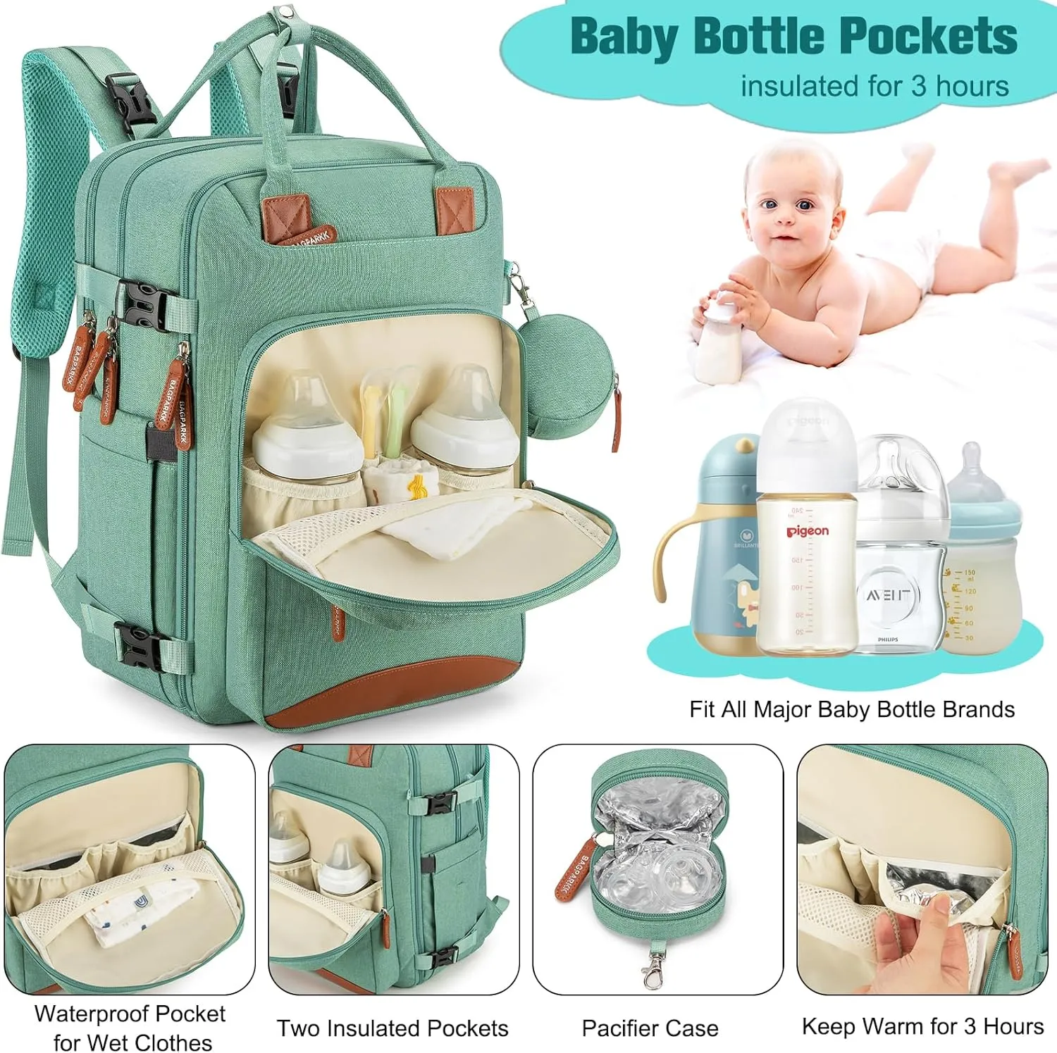 Diaper Bag Backpack,BAGPARKK Multi function Baby Bag with Portable Changing Pad, Pacifier Holder,Waterproof Diaper Bags with USB Charging Port,Anti-Theft Travel Backpack for Mom, Dad, Newborn (Green)