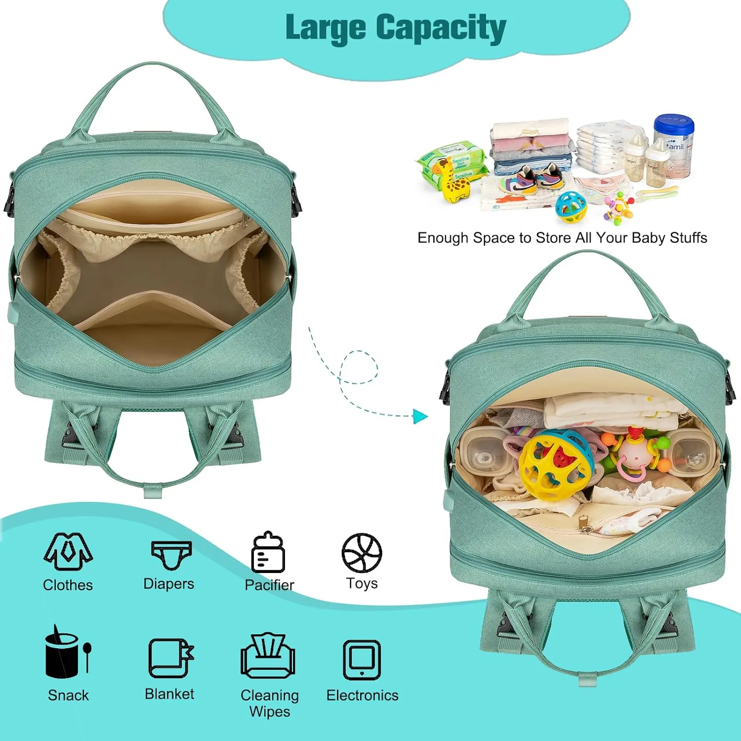 Diaper Bag Backpack,BAGPARKK Multi function Baby Bag with Portable Changing Pad, Pacifier Holder,Waterproof Diaper Bags with USB Charging Port,Anti-Theft Travel Backpack for Mom, Dad, Newborn (Green)