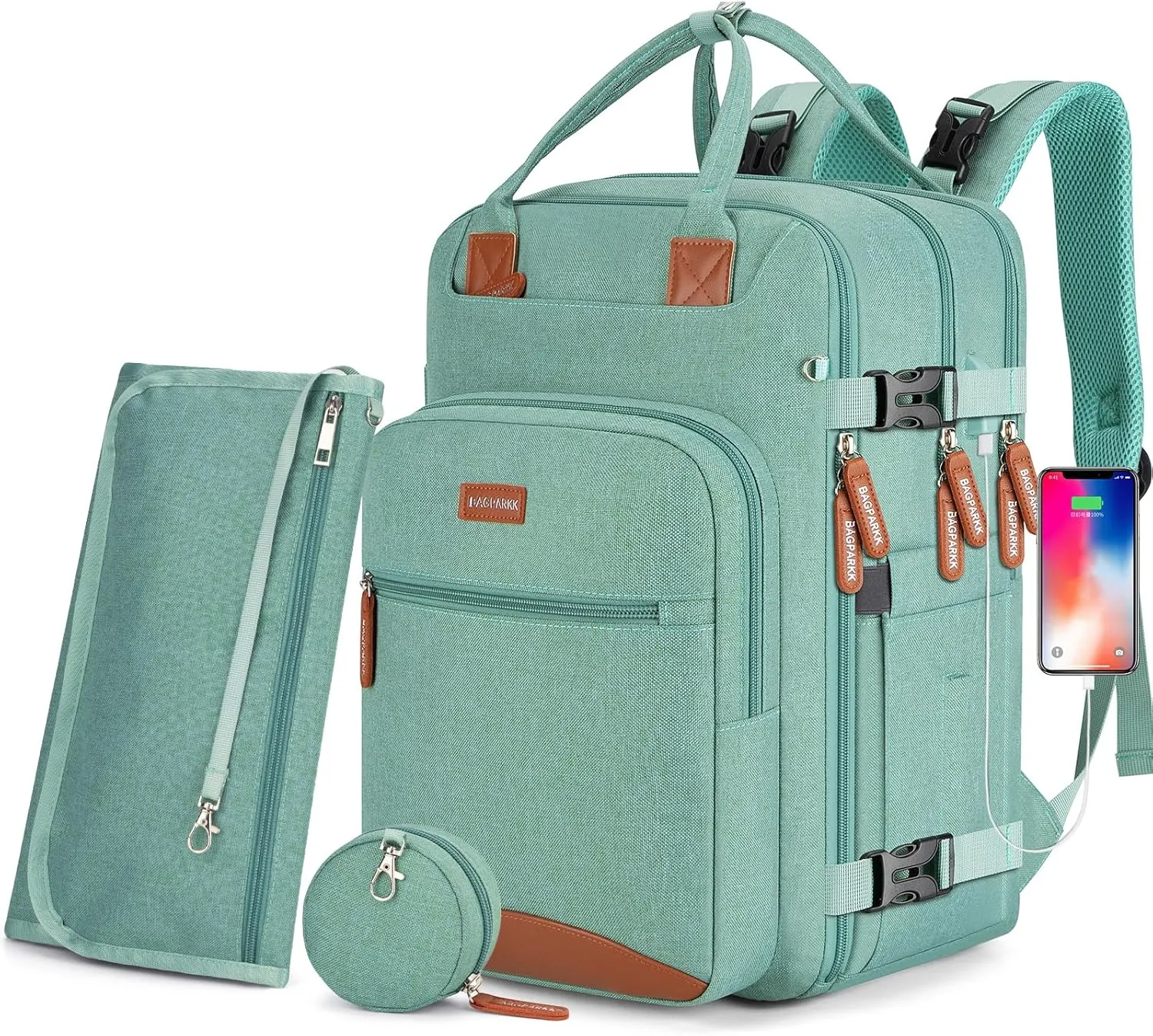 Diaper Bag Backpack,BAGPARKK Multi function Baby Bag with Portable Changing Pad, Pacifier Holder,Waterproof Diaper Bags with USB Charging Port,Anti-Theft Travel Backpack for Mom, Dad, Newborn (Green)