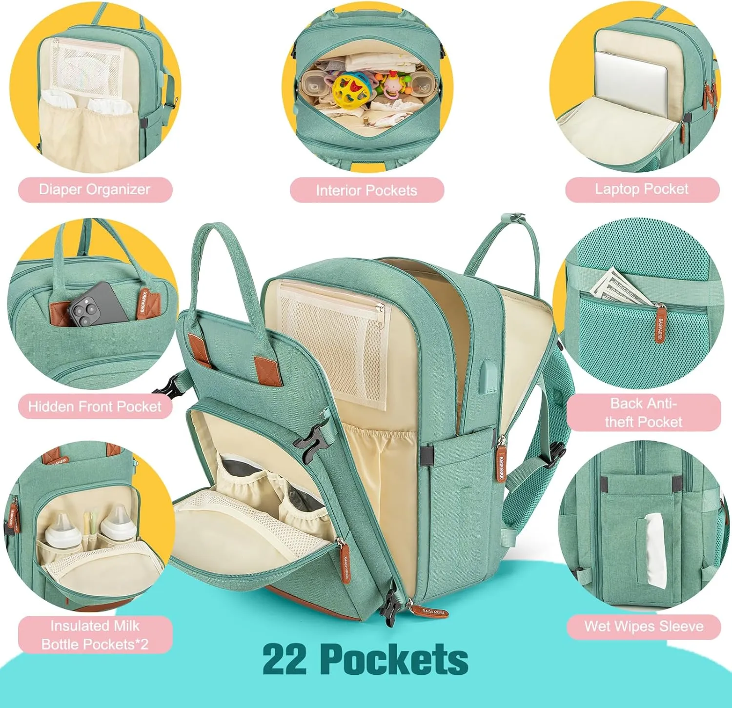 Diaper Bag Backpack,BAGPARKK Multi function Baby Bag with Portable Changing Pad, Pacifier Holder,Waterproof Diaper Bags with USB Charging Port,Anti-Theft Travel Backpack for Mom, Dad, Newborn (Green)
