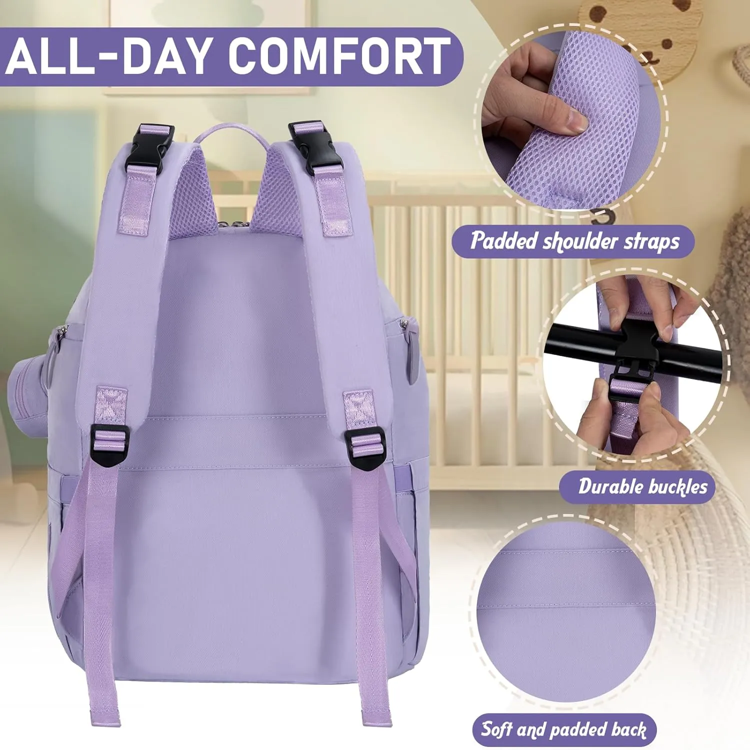 Diaper Bag Large Capacity Diaper Backpack Multi-Function Baby Diaper Bag For Dad And Mom With Insulated Pockets, Stroller Straps, Purple