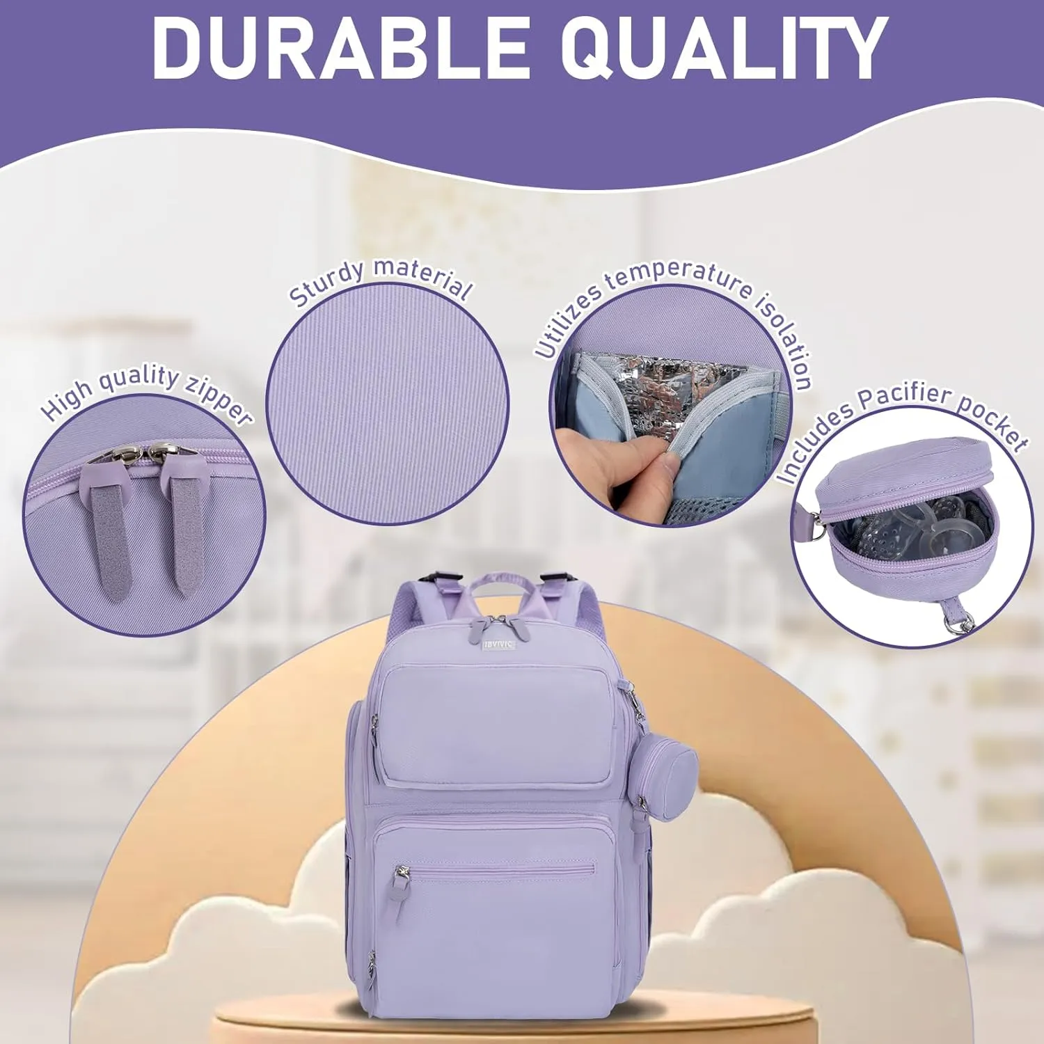 Diaper Bag Large Capacity Diaper Backpack Multi-Function Baby Diaper Bag For Dad And Mom With Insulated Pockets, Stroller Straps, Purple