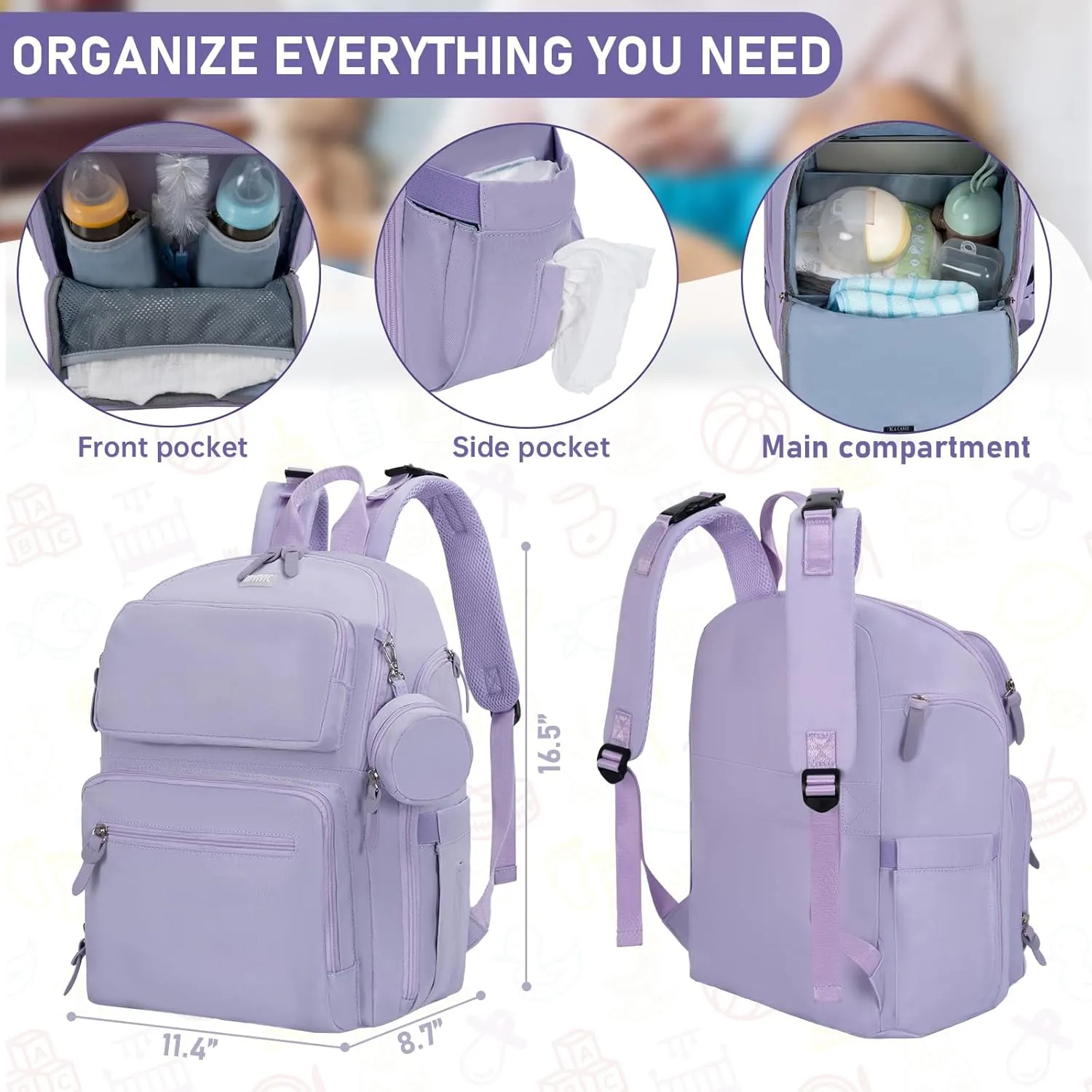 Diaper Bag Large Capacity Diaper Backpack Multi-Function Baby Diaper Bag For Dad And Mom With Insulated Pockets, Stroller Straps, Purple