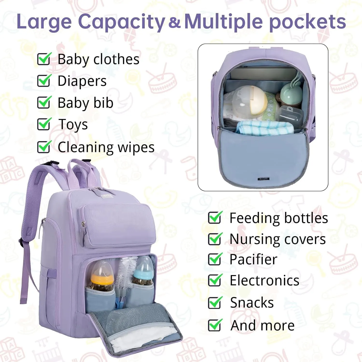 Diaper Bag Large Capacity Diaper Backpack Multi-Function Baby Diaper Bag For Dad And Mom With Insulated Pockets, Stroller Straps, Purple