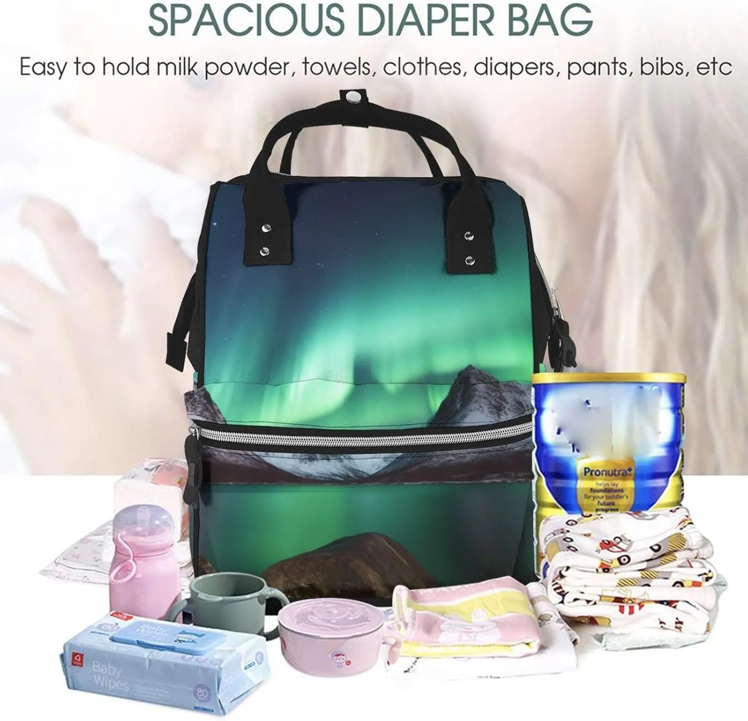 Diaper Bag Nappy Backpack Baby Bag British Flag Mummy Backpack Multifunction Changing Bags for Travel, Aurora Borealis, One Size