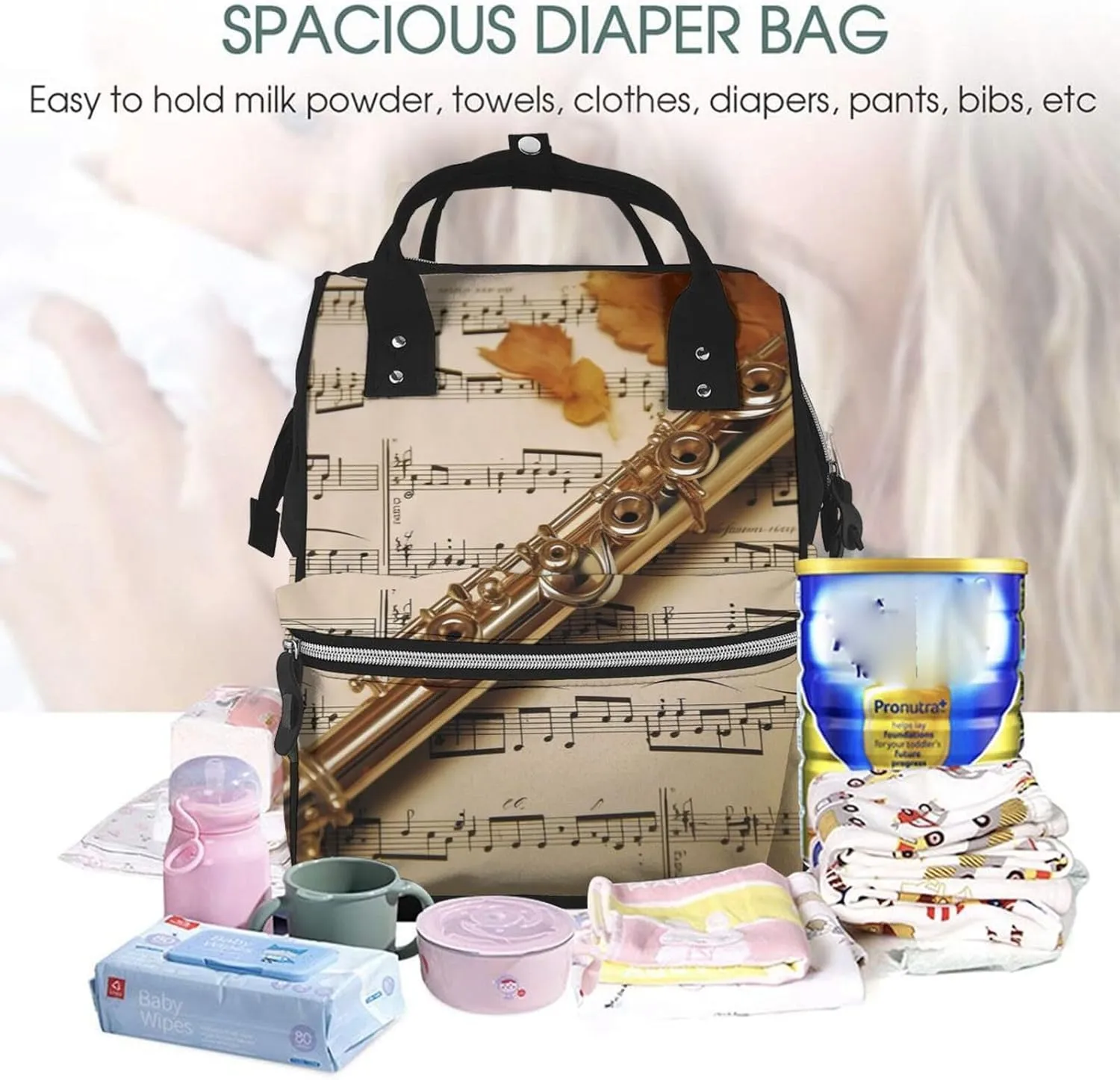 Diaper Bag Nappy Backpack Baby Bag Opossum and Roses Mummy Backpack Multifunction Changing Bags for Travel, Flute Music, One Size