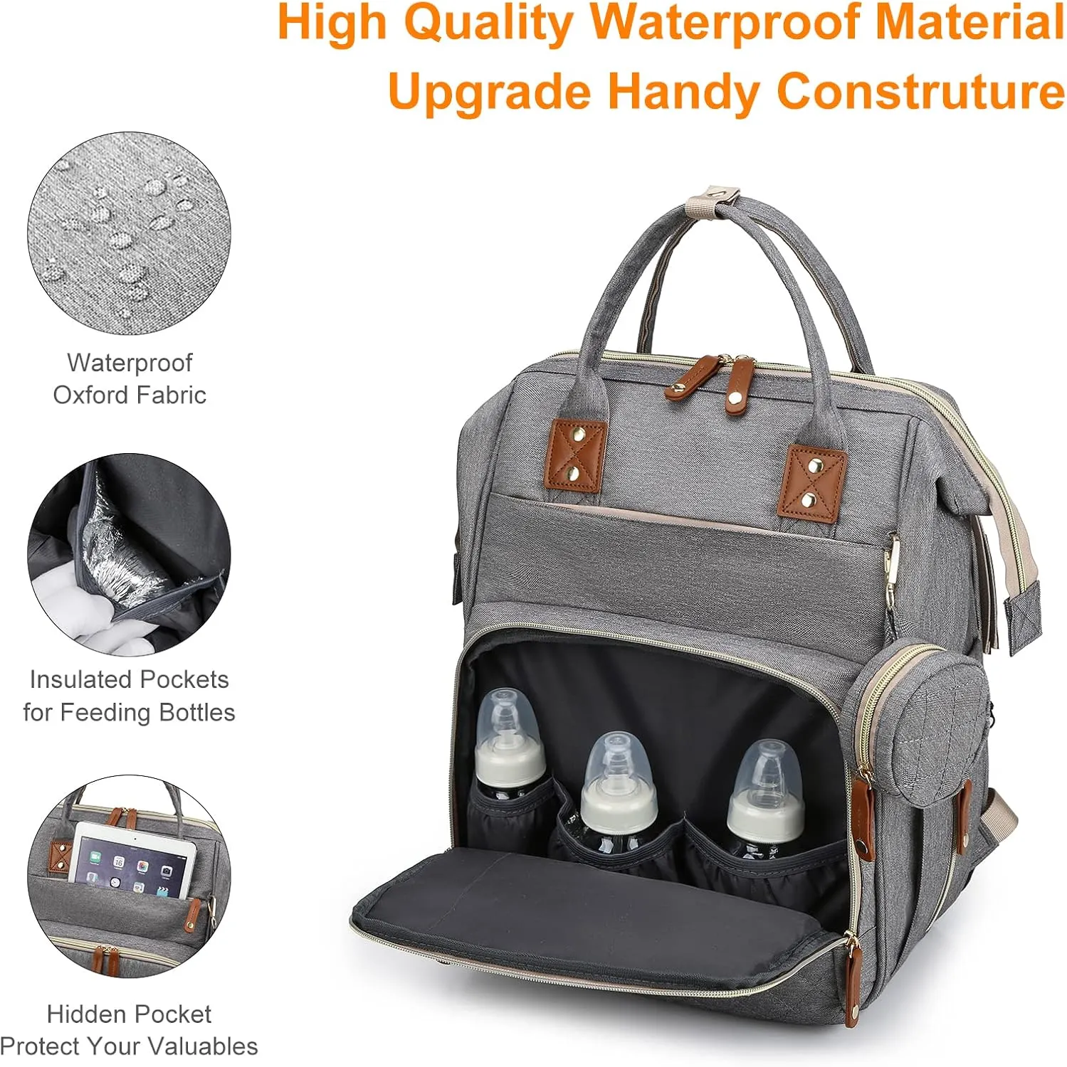 Diaper Bag with Changing Station, Waterproof 3 in 1 Baby Diaper Backpack with Foldable Changing Pad, Large Travel Back Pack for Baby Girl Boy, Grey