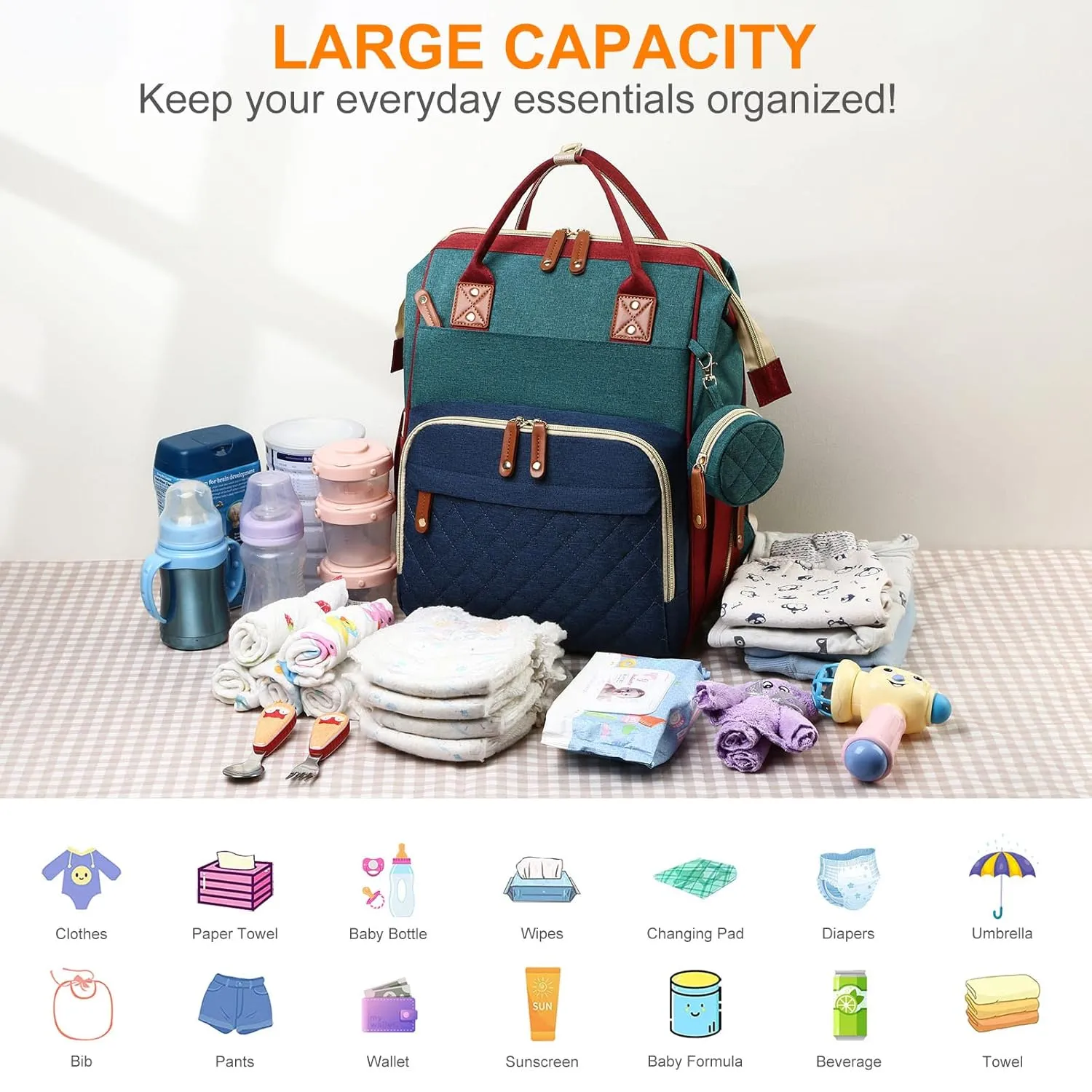 Diaper Bag with Changing Station, Waterproof Baby Bags for Boys Girls, USB Charging Port, Baby Shower Gifts, RGB