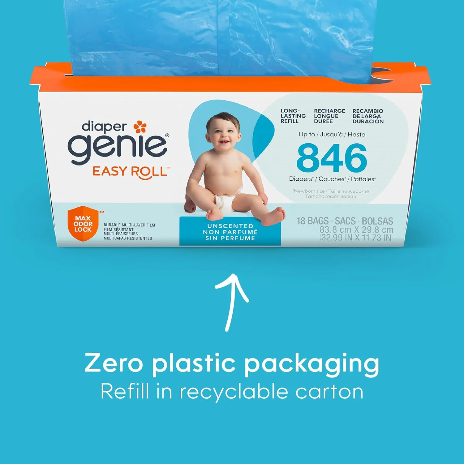 Diaper Genie Easy Roll Refill 18 Bags Per Refill Holds Up to 846 Newborn Diapers Odor Control Diaper Pail Refill Bags Fits Diaper Genie Signature, Platinum & Deluxe Pails