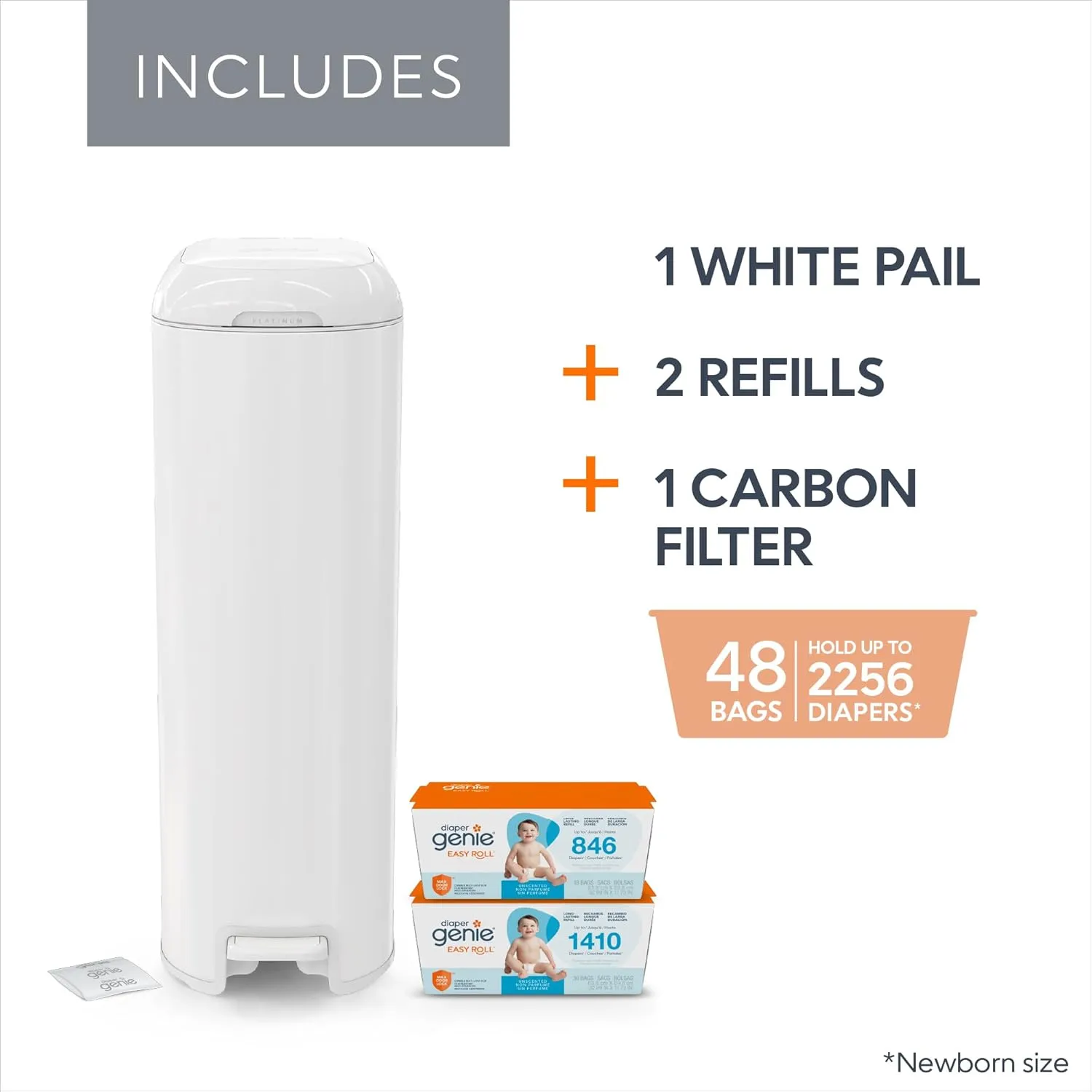 Diaper Genie Platinum Pail Gift Set, Lily White, Made of Durable Stainless Steel and Includes 2 Easy Roll Refills with 18 Bags and 30 Bags