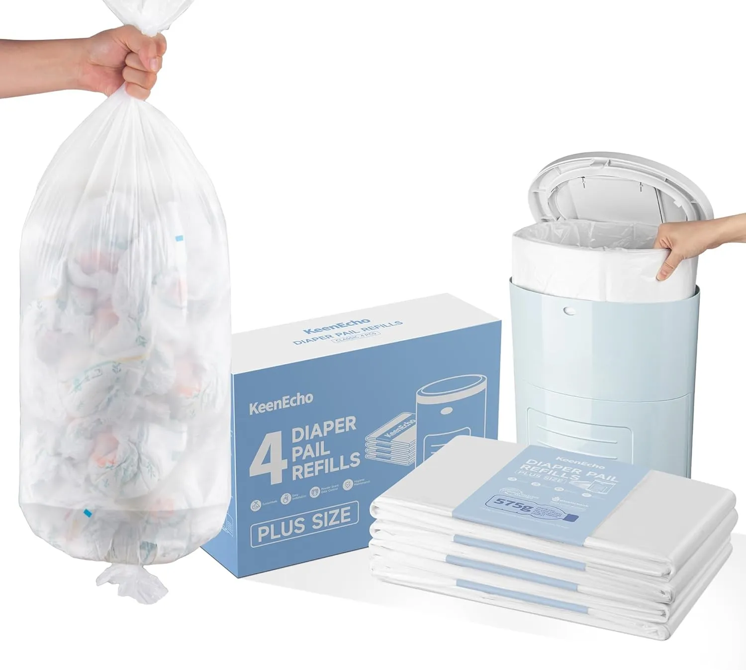 Diaper Pail Refill Bags (4 Pack) - Recycled Ocean Plastic - for Mini/Classic/Plus Diaper Pails, Holds Up to 1200/1980/2320 Newborn Diapers - Fresh Scent & Odor Control for Baby Parents