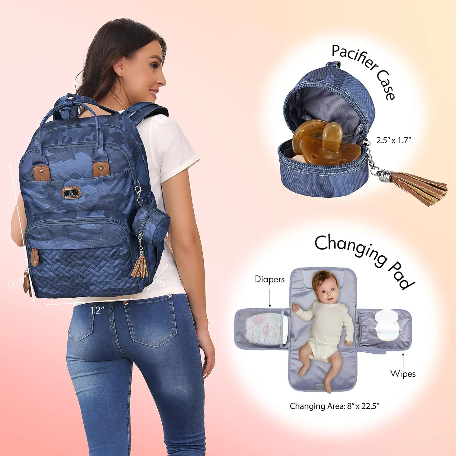 Dikaslon Diaper Bag Backpack with Portable Changing Pad, Pacifier Case and Stroller Straps, Large Unisex Baby Bags for Boys Girls, Multipurpose Travel Back Pack for Moms Dads, Camo