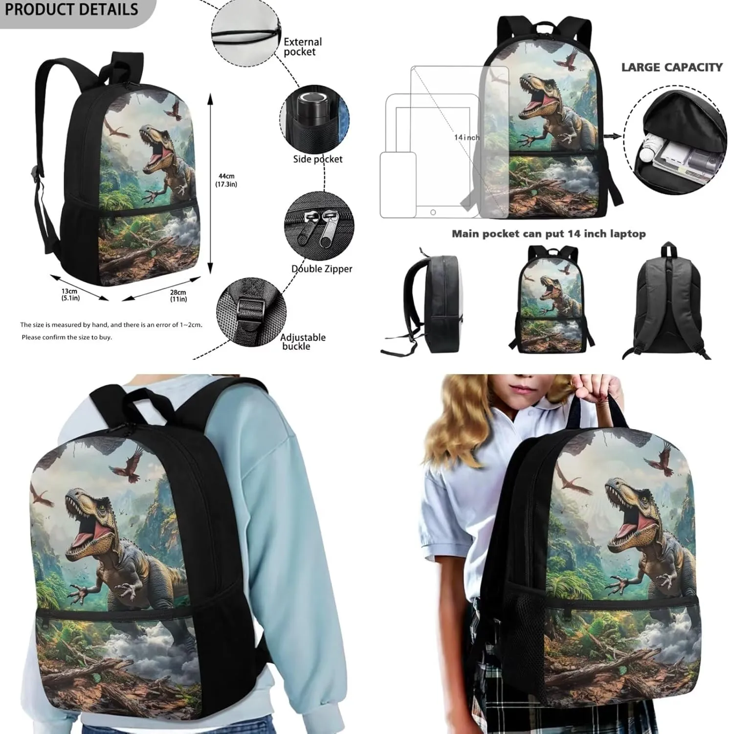 Dinosaur Backpack for Boys 6-8 Lightweight 4 Piece Kindergarten Bookbag with Lunch Box Large Capacity 1st Grade School Bag with Water Bottle Holder