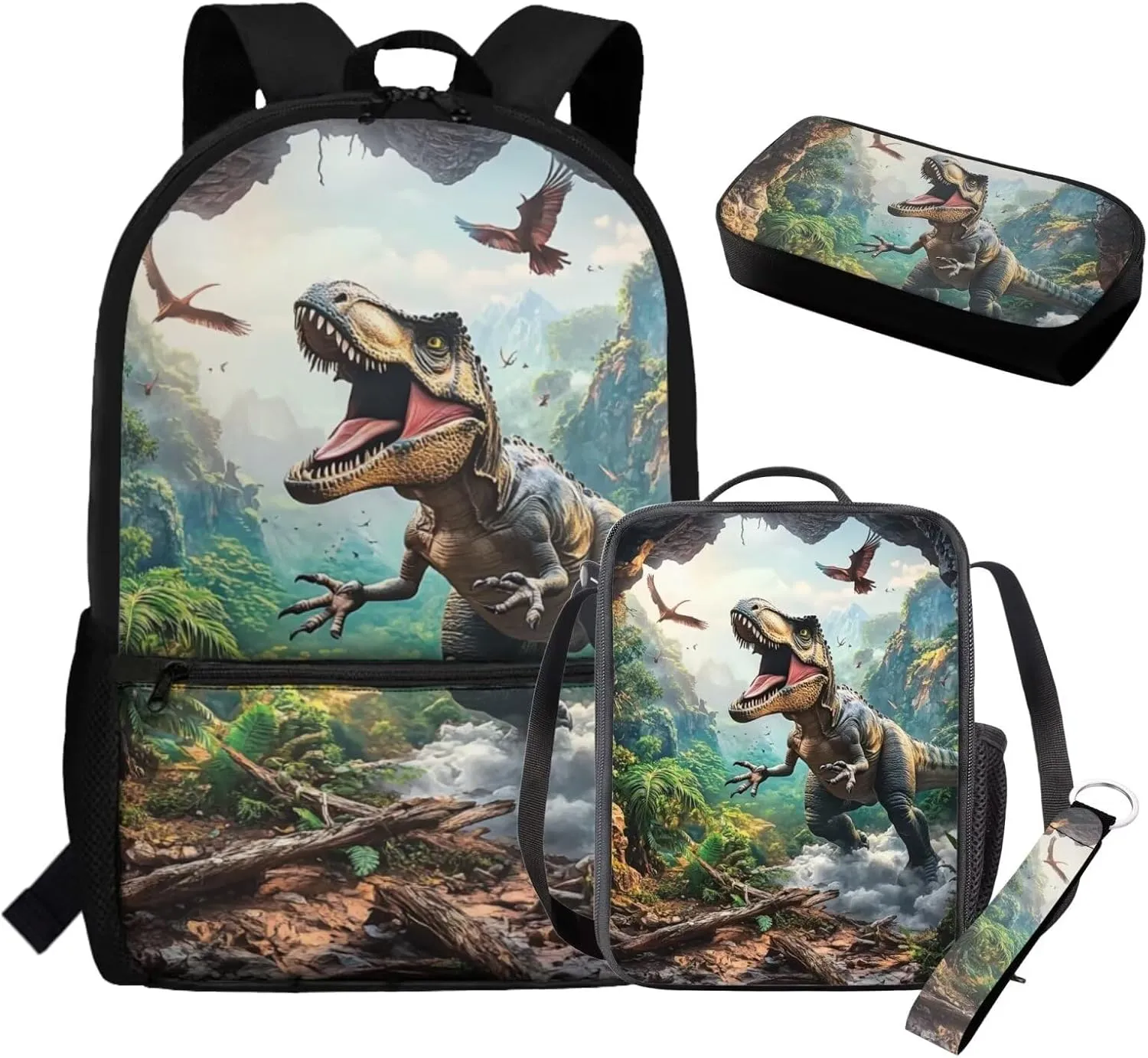 Dinosaur Backpack for Boys 6-8 Lightweight 4 Piece Kindergarten Bookbag with Lunch Box Large Capacity 1st Grade School Bag with Water Bottle Holder