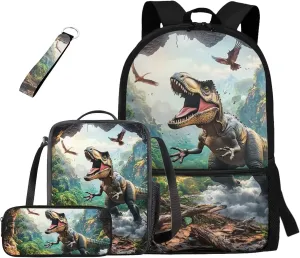 Dinosaur Backpack for Boys 6-8 Lightweight 4 Piece Kindergarten Bookbag with Lunch Box Large Capacity 1st Grade School Bag with Water Bottle Holder